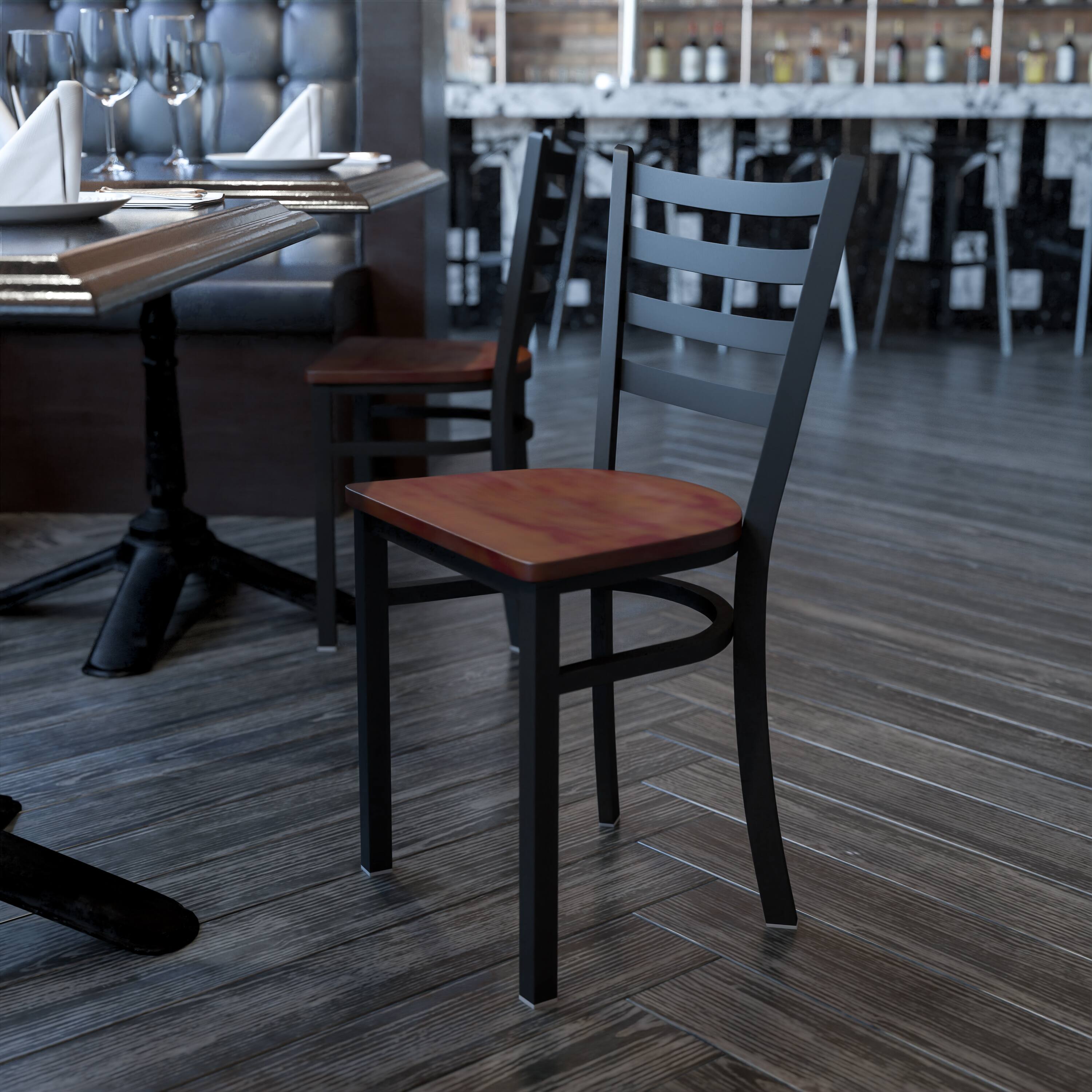 Alt View 1. Emma + Oliver - Ladder Back Metal Restaurant Dining Chair - Cherry Wood Seat/Black Metal Frame.