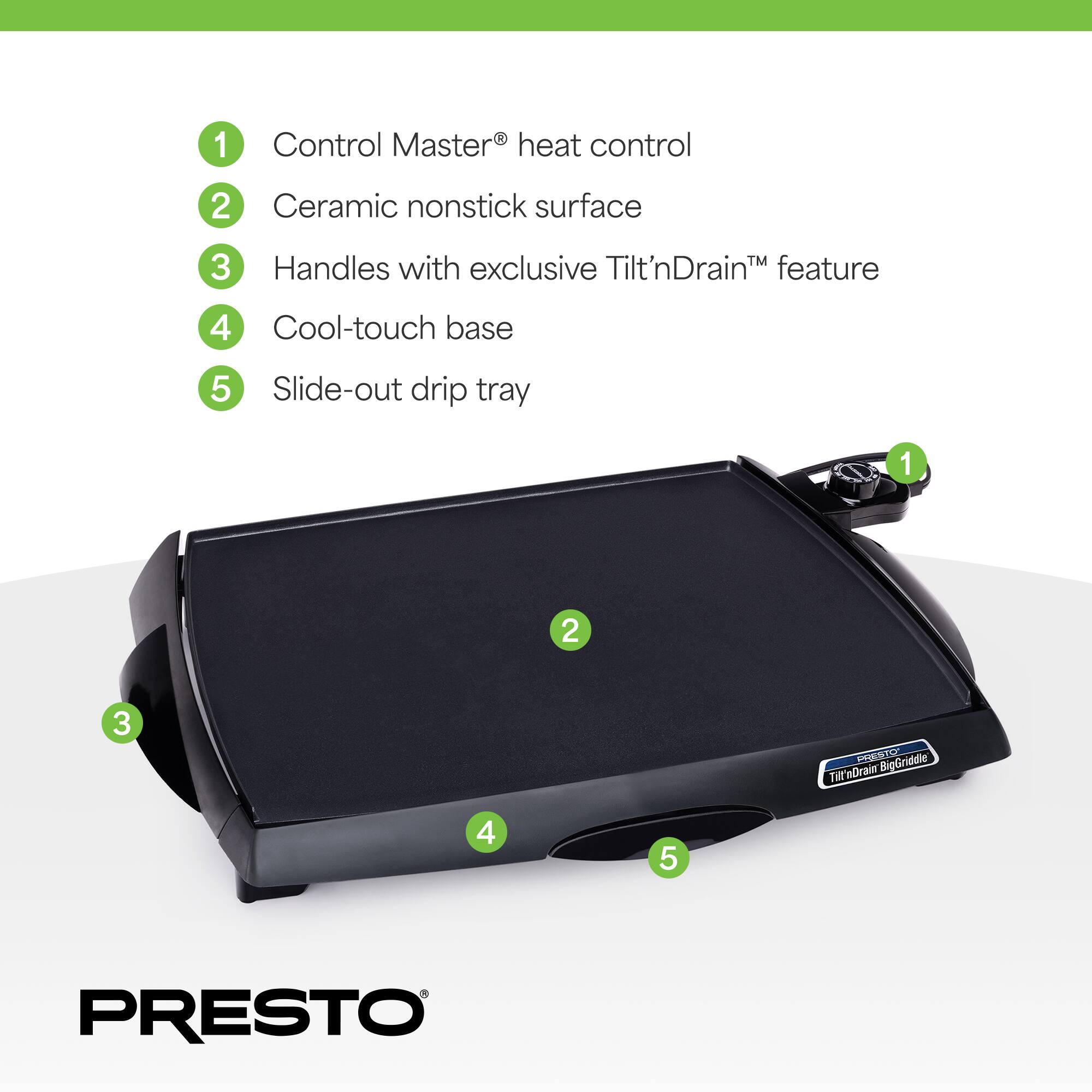 1. Control Master heat control  
2. Ceramic nonstick surface  
3. Handles with exclusive Tilt'nDrain™ feature  
4. Cool-touch base  
5. Slide-out drip tray  

PRESTO BigGriddle Tilt'nDrain™