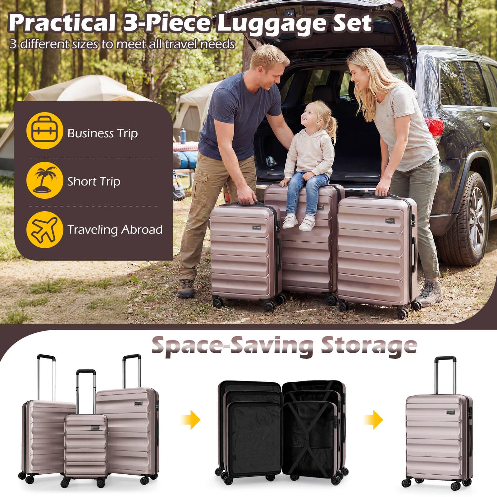 Practical 3-Piece Luggage Set  
3 different sizes to meet all travel needs  

- Business Trip  
- Short Trip  
- Traveling Abroad  

Space-Saving Storage