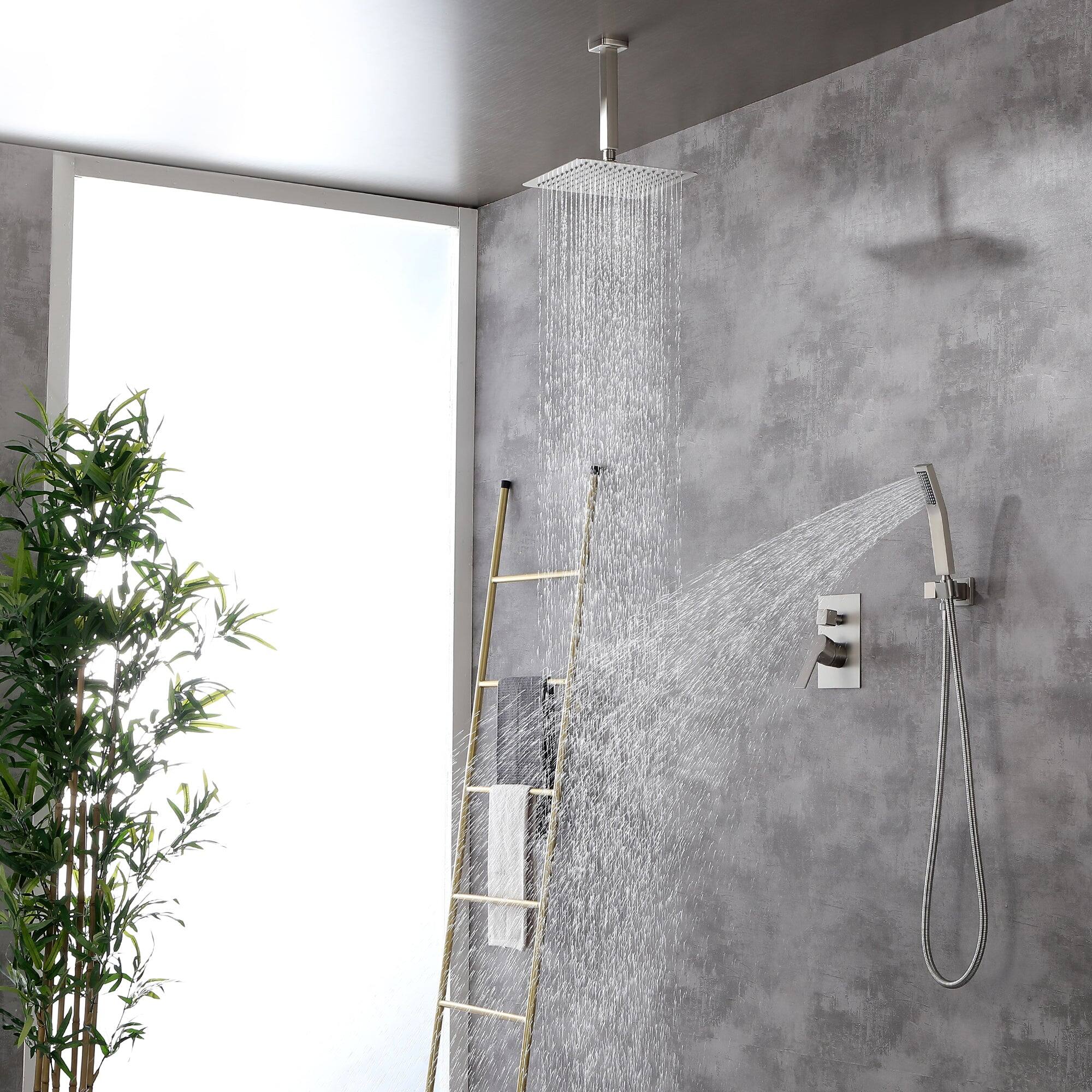 Left. Boyel Living - 1-Spray Patterns with 2.5 GPM 10 in. Ceiling Mount Dual Shower Heads with Pressure Balance Valve in Brushed Nickel - Brushed Nickel.