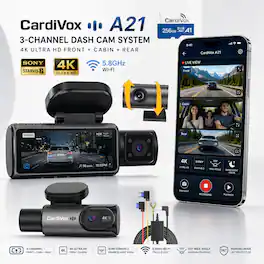 CardiVox - A21 4K 3-Channel Dash Cam 4K Front 2.5K Rear 2.5K Cabin Sony STARVIS 2 IMX675 Dash Camera Supports up to 512GB Storage