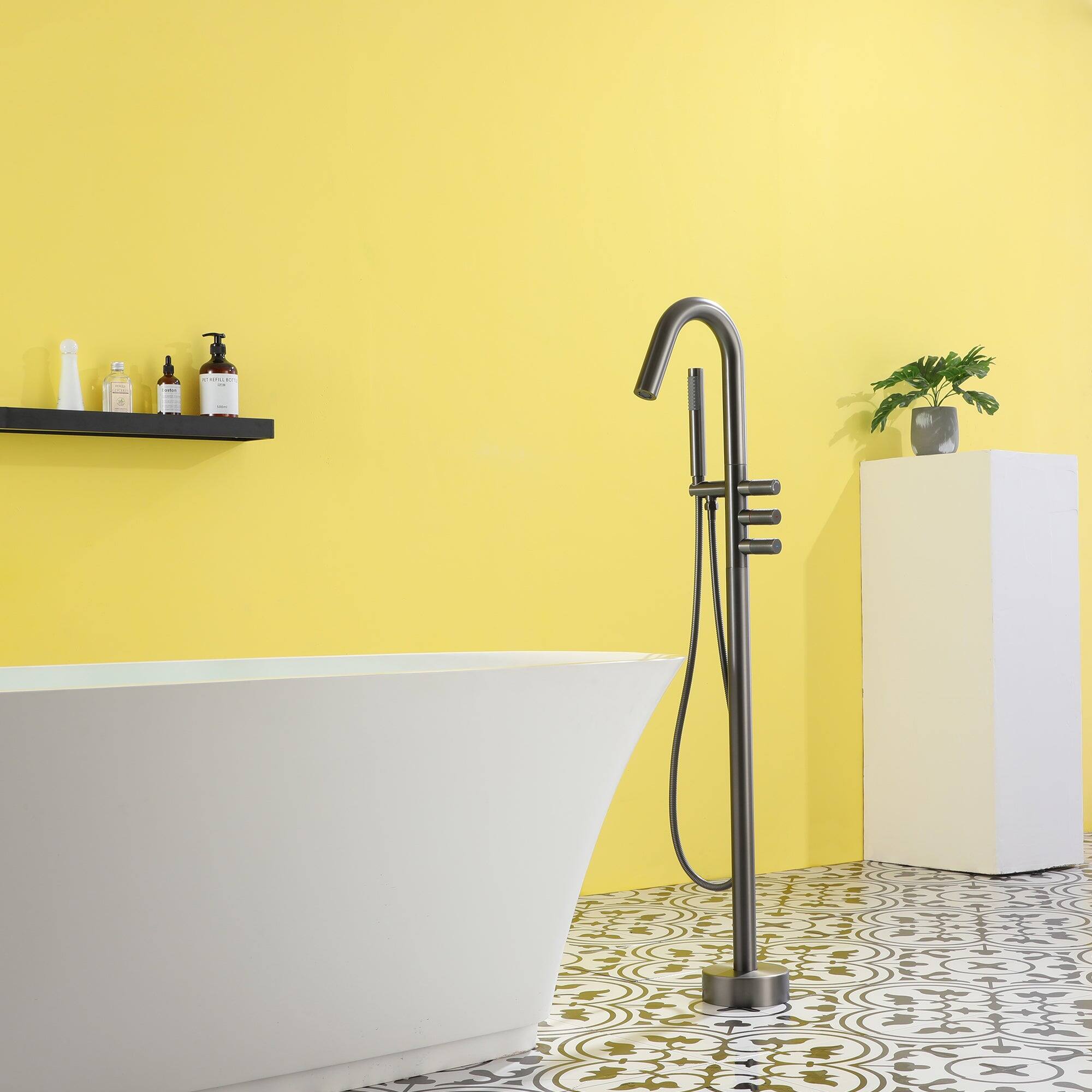 Alt View 3. Boyel Living - Freestanding Floor Mount Single Handle Bath Tub Filler Faucet with Water Supply Lines in Gunmetal Gray - Gunmetal Gray.