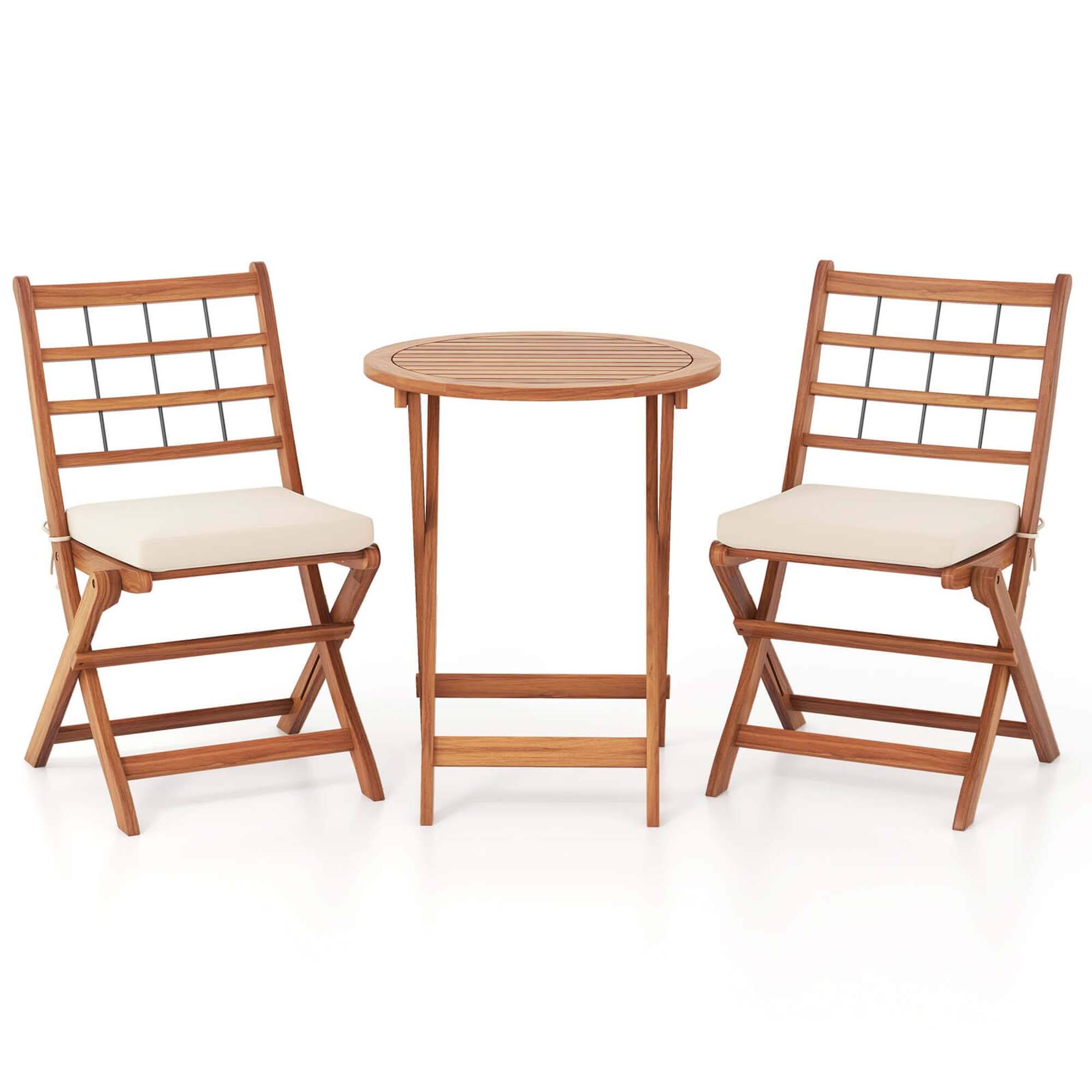 Alt View 9. Costway - 3 PCS Acacia Wood Patio Bistro Set Folding Outdoor Table and Chairs with Cushions - Off White,Natural.