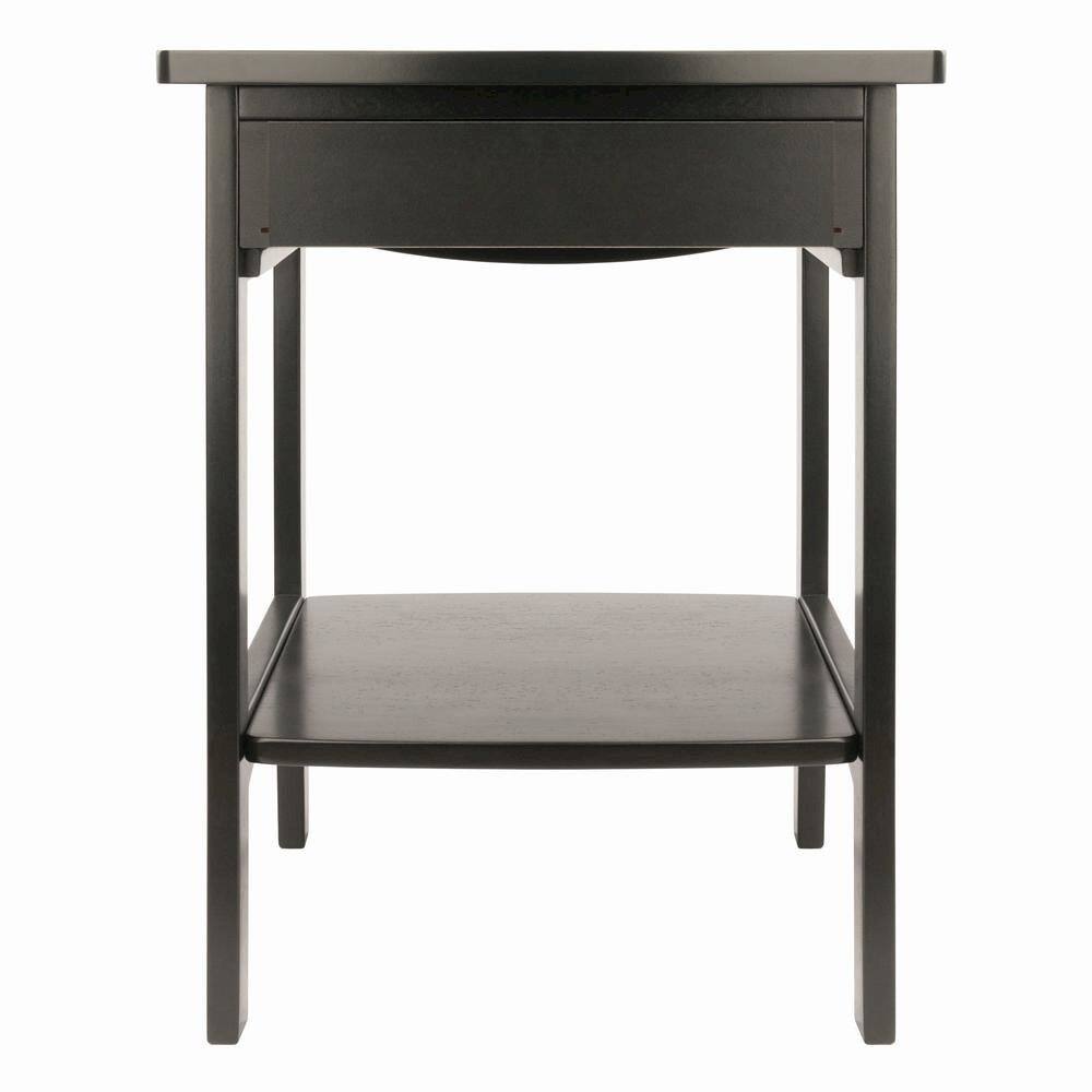 Back. FurniFact - Mid Century Nightstand In Solid Wood Black Finish With Drawer And Shelf - Black.