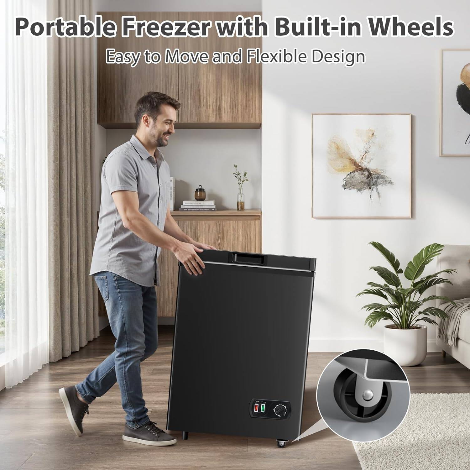 Portable Freezer with Built-in Wheels  
Easy to Move and Flexible Design