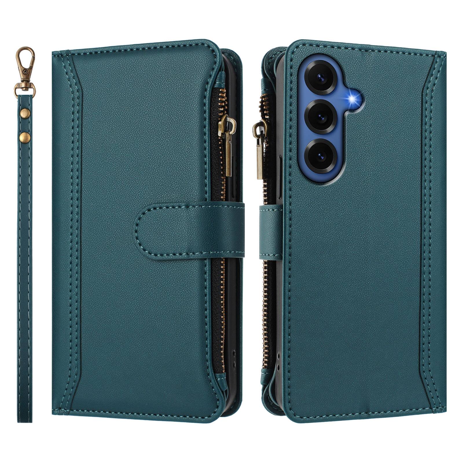 Angle. UUCOVER - Wallet Case for Samsung Galaxy S26+ with Zipper Pocket, Cash Card Slots, Wrist and Shoulder Strap, Flip Kickstand Cover - Darkgreen.