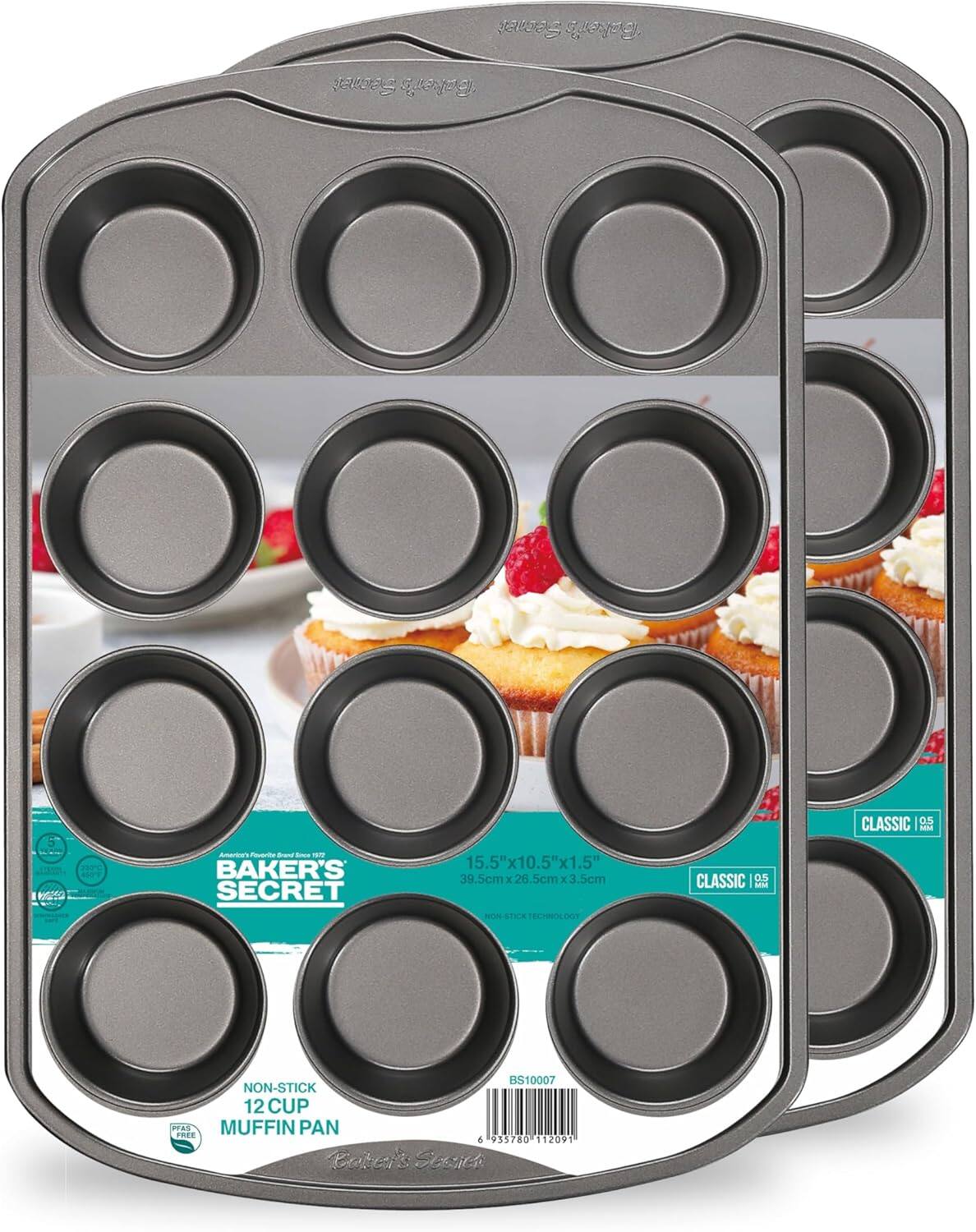 Baker's Secret - 2pcs 12cup Muffin Pan Cupcake Nonstick Pan - The Classic Collection - Dark Gray