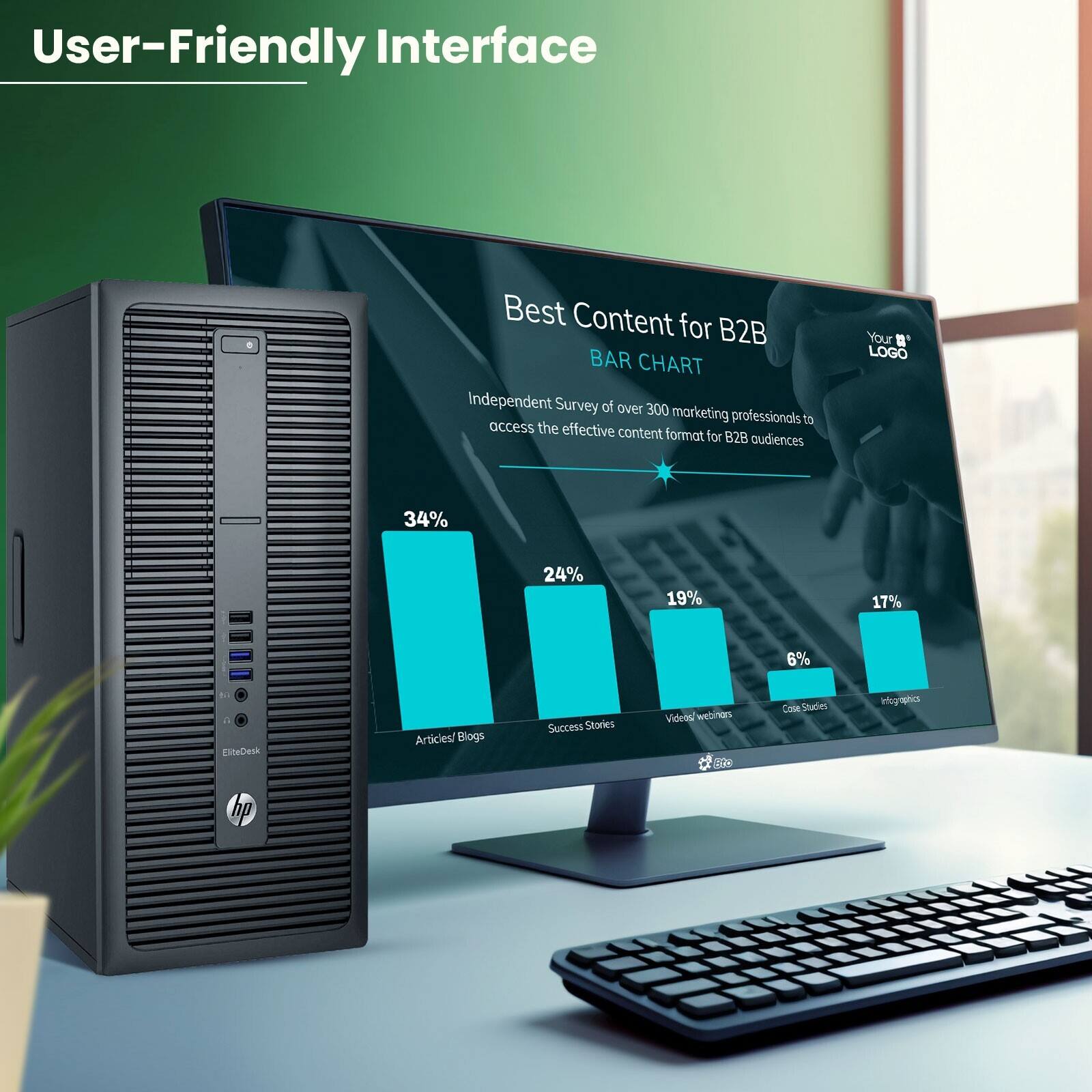 User-Friendly Interface

Best Content for B2B

BAR CHART

Independent Survey of over 300 marketing professionals to access the effective content format for B2B audiences

Your LOGO

- Articles/Blogs: 34%
- Success Stories: 24%
- Video Webinars: 19%
- Case Studies: 6%
- Infographics: 17%
