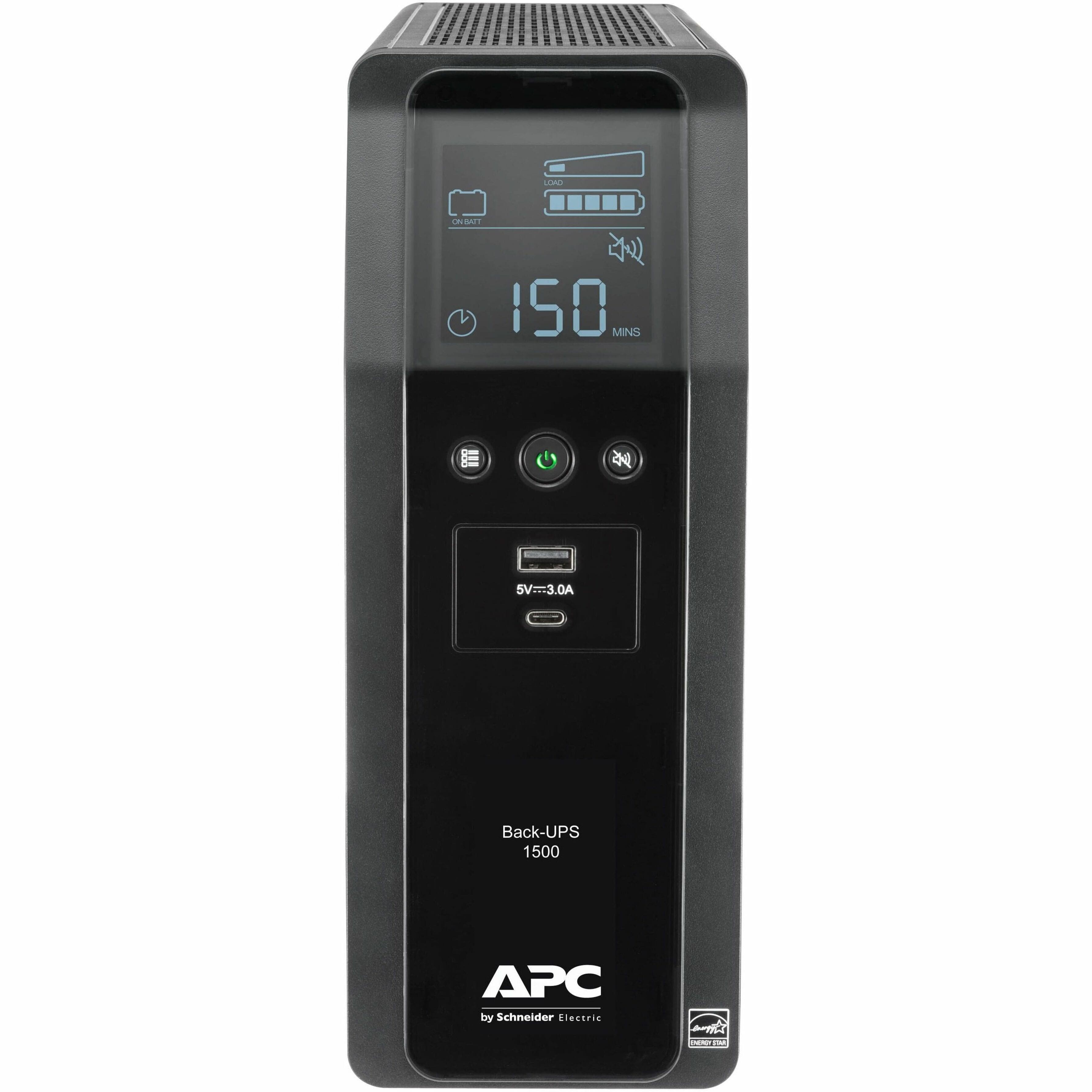 Front. APC - Back-UPS Pro, 1500VA/900W, Tower, 10 Outlets, LCD Display, USB-A + USB-C ports - Black.