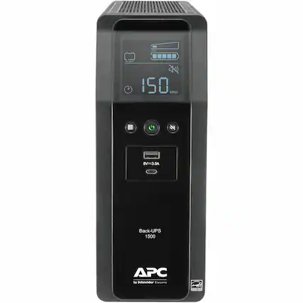 Front. APC - Back-UPS Pro, 1500VA/900W, Tower, 10 Outlets, LCD Display, USB-A + USB-C ports - Black.