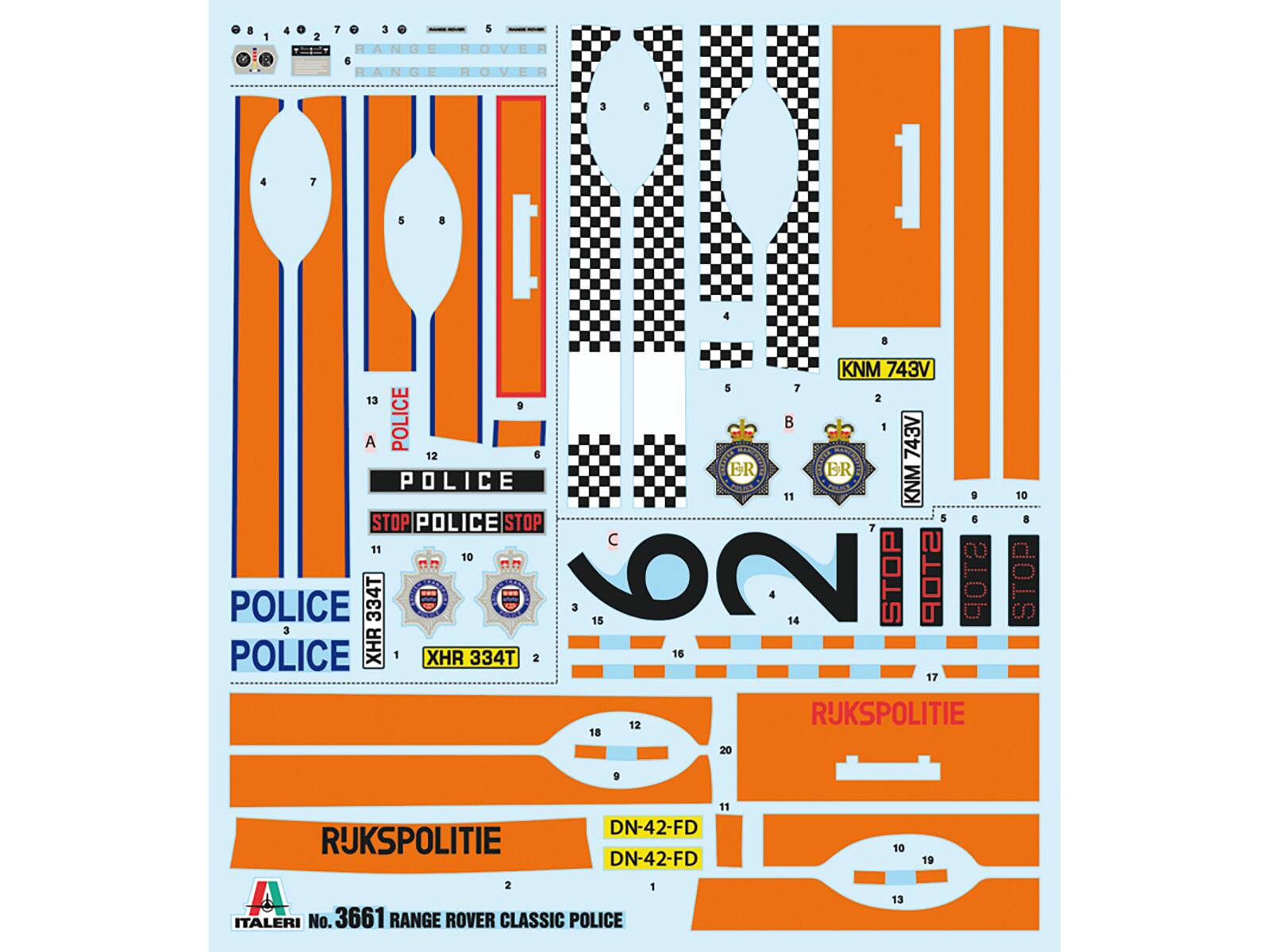 RANGE ROVER RANGE ROVIR 4 7 5 8 " 1 4 8 KNM 743V 5 7 13 2 9 A POLICE  1 743V 12 6 BR ER POLICE KNM 11 5 STOP POLICE STOP 7 C 11 10 POLICE 334T LOO 3 15 14 STOP STOP 3 POLICE XHR 1 XHR 334T 2 16 17 9 5 STOP 10 8 STOP 18 12 20 RUKSPOLITIE 9 RUKSPOLITIE 11 DN-42-FD DN-42-FD 10 19 2 ITALERI No. 3661 RANGE ROVER CLASSIC POLICE 1 13