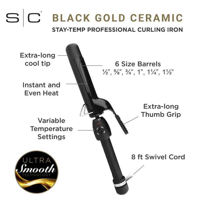 S C BLACK GOLD CERAMIC STAY-TEMP PROFESSIONAL CURLING IRON Extra-long cool tip 6 Size Barrels 1/2", 5/8", 3/4", 1", 1/4", 1/2" Instant and Even Heat Variable Temperature Settings - Extra-long Thumb Grip ULTRA Smooth TECHNOLOGY 8 ft Swivel Cord