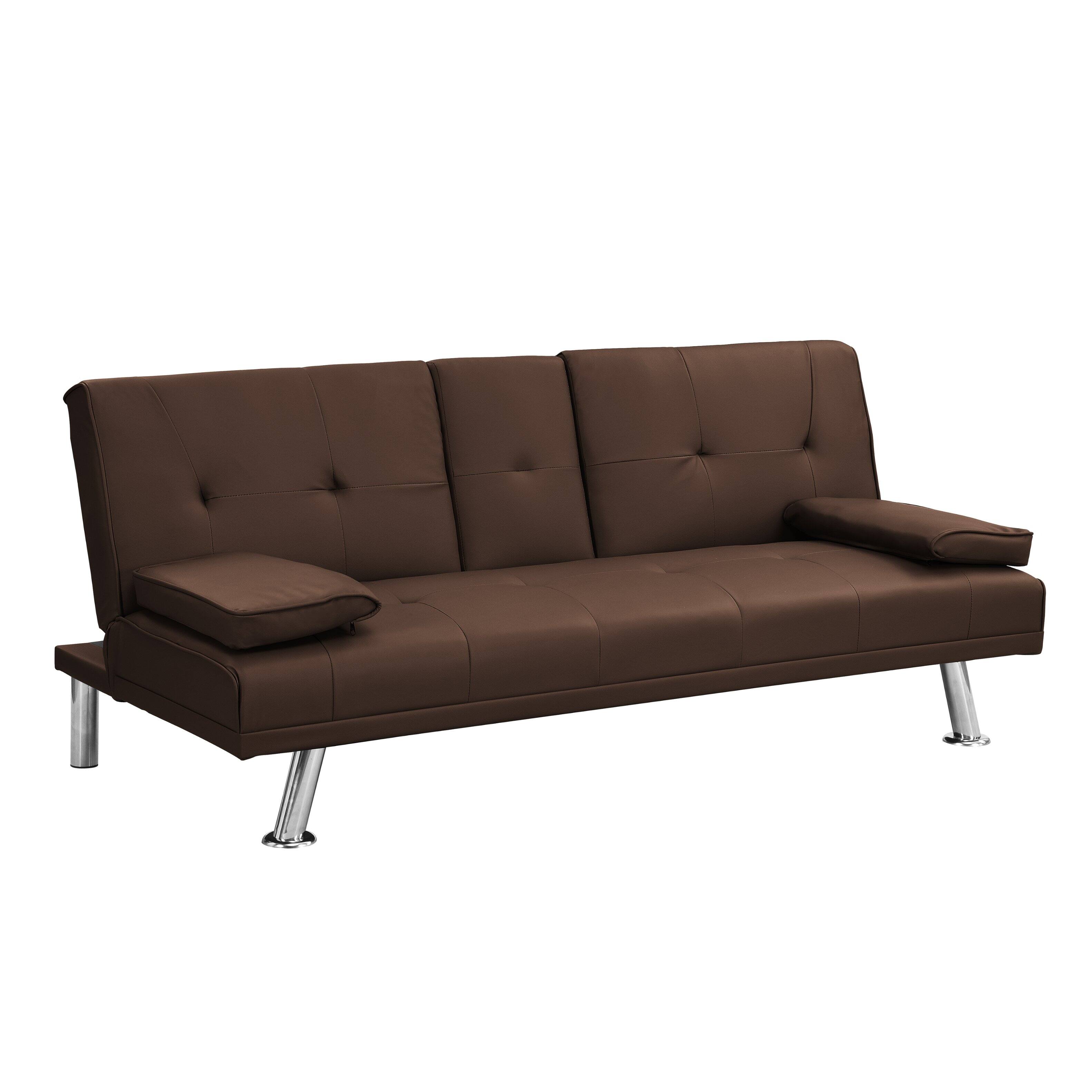 Alt View 1. Tiramisubest - Modern Sofa Bed with Armrest Two Holders, PVC Upholstery, Wood Frame, Stainless Steel Legs, Brown - Brown.