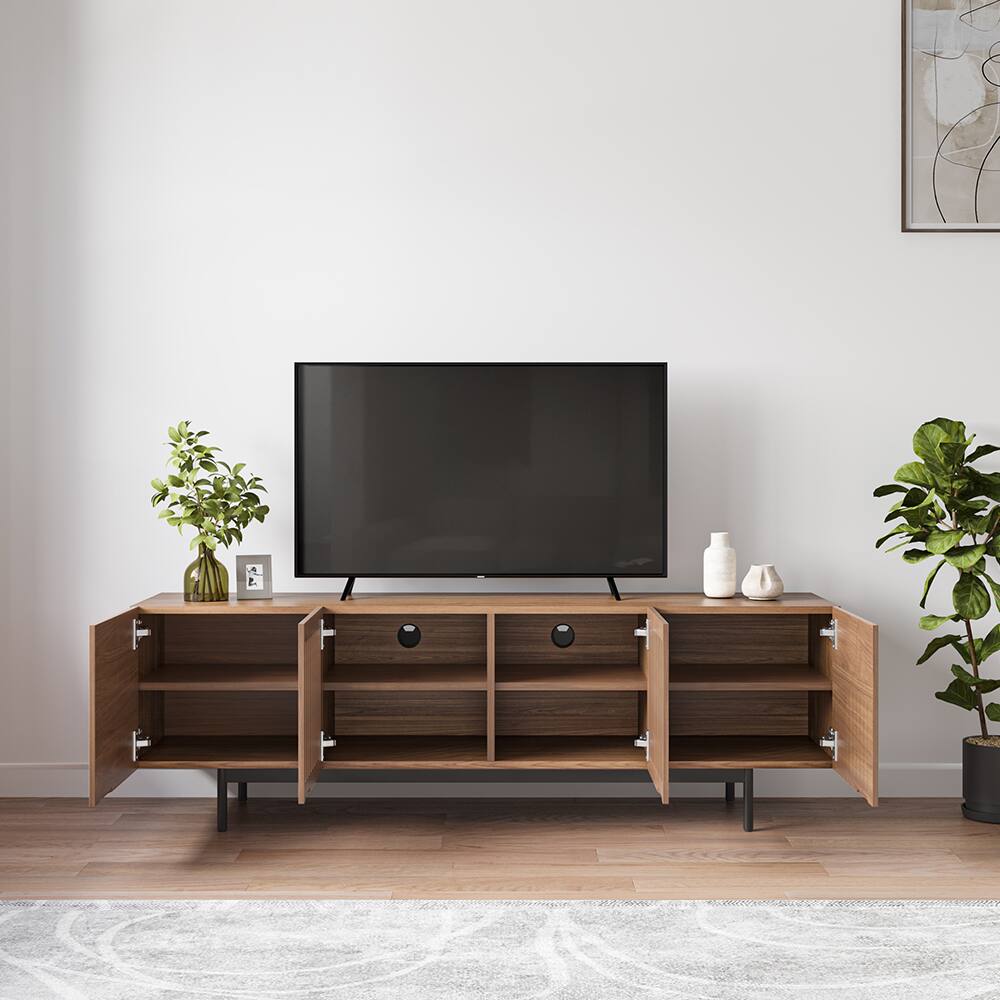 Back. POVISON - 63" Modern Wood TV Stand, Minimalist Slatted Media Console with Tall-cast Metal Legs, Walnut Veneer - Walnut.
