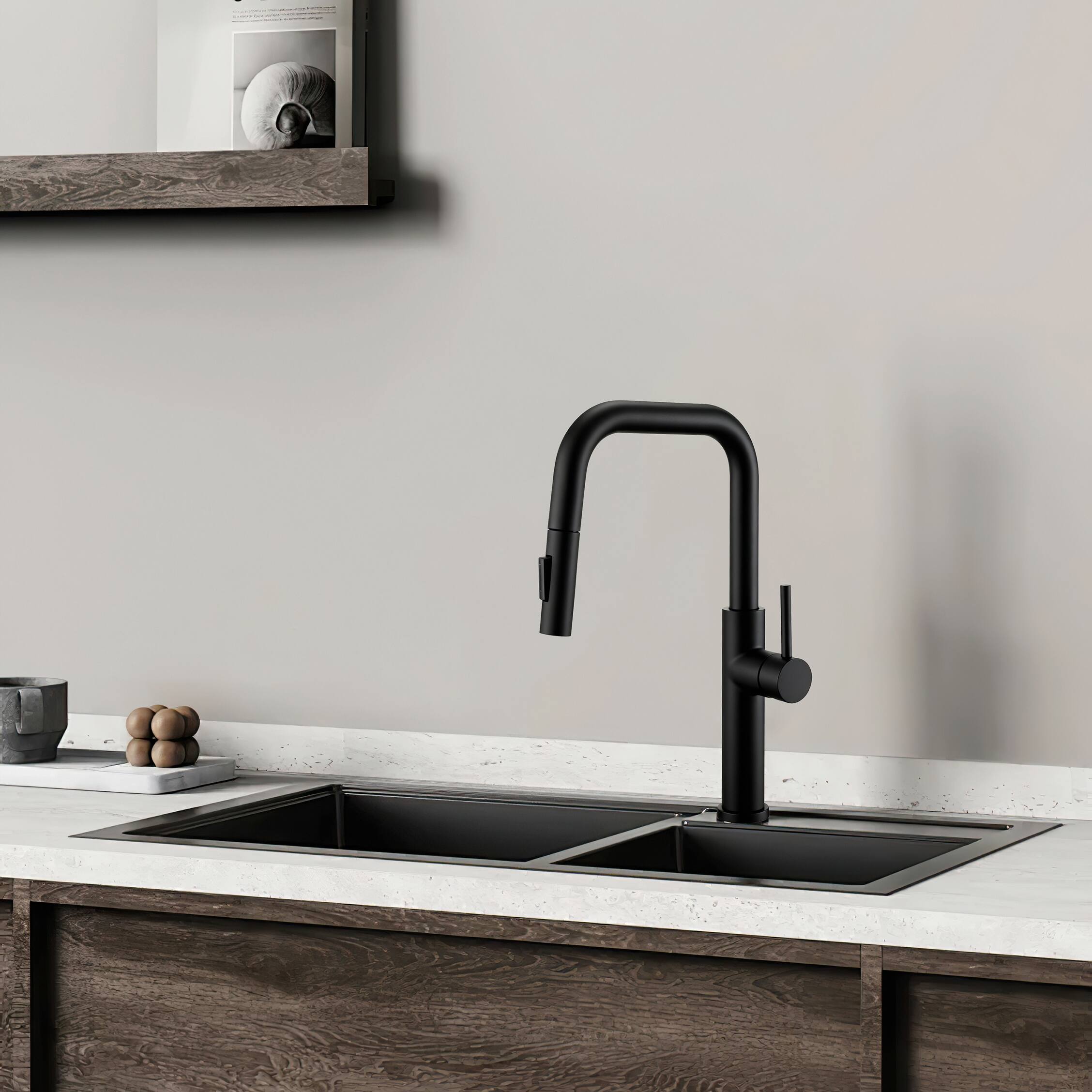 Left. Bothwa Home - Waterway 15.5 - Inch Kitchen Faucet - Matt Black.