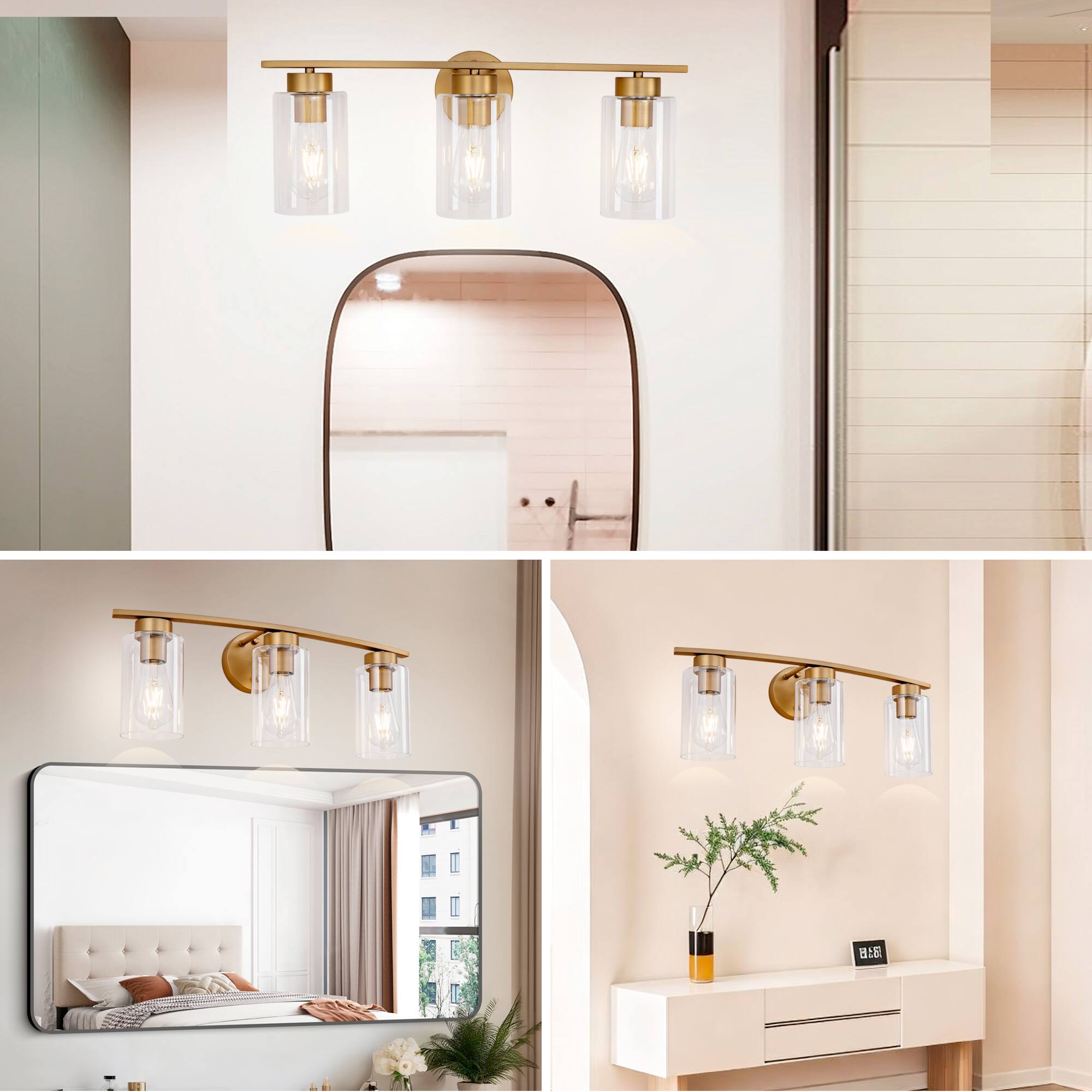 Alt View 5. Akoasm - 3-Light Brushed Gold Dimmable Vanity Light with Clear Glass Shades – Modern Bathroom & Kitchen Wall Sconce.