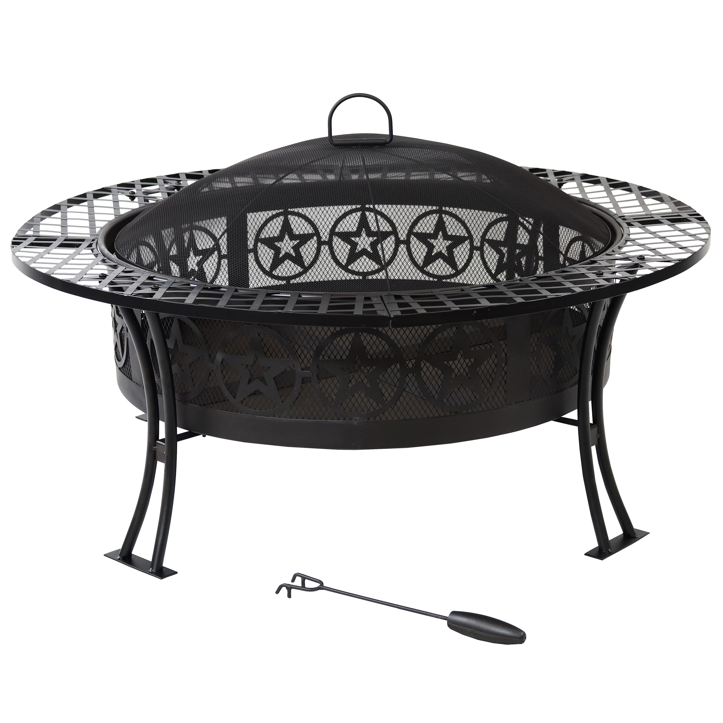 Sunnydaze - 40 in Four Star Steel Fire Pit with Spark Screen and Poker - Black