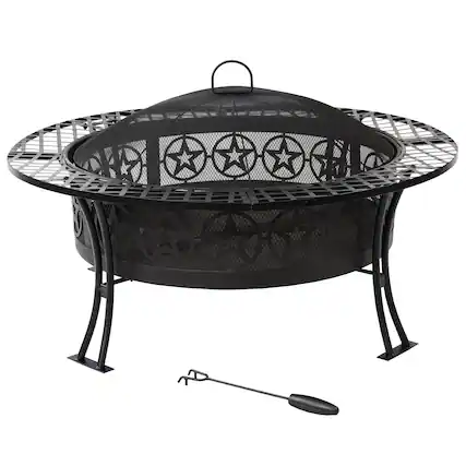 Front. Sunnydaze - 40 in Four Star Steel Fire Pit with Spark Screen and Poker - Black.