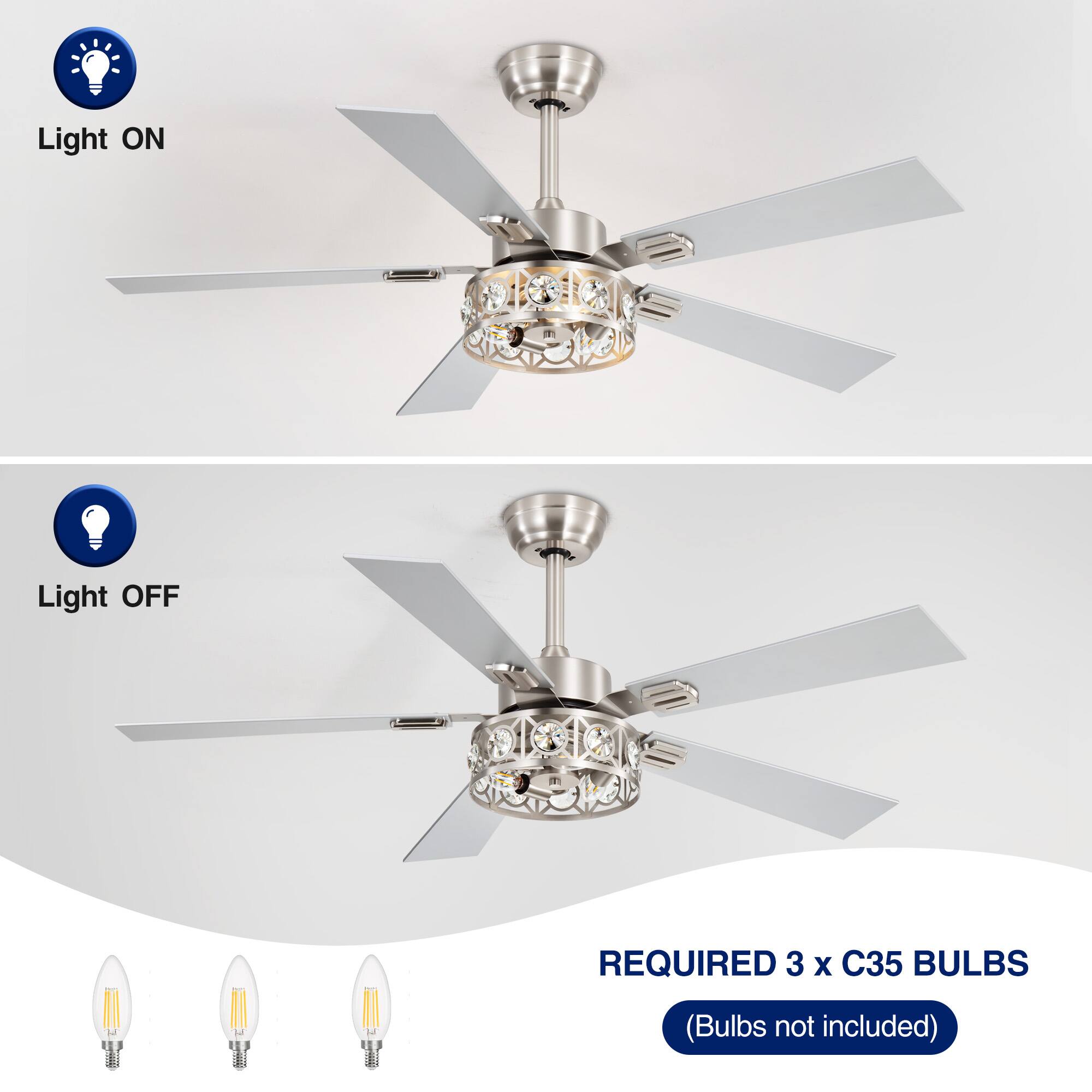 Light ON Light OFF REQUIRED 3 X C35 BULBS (Bulbs not included)