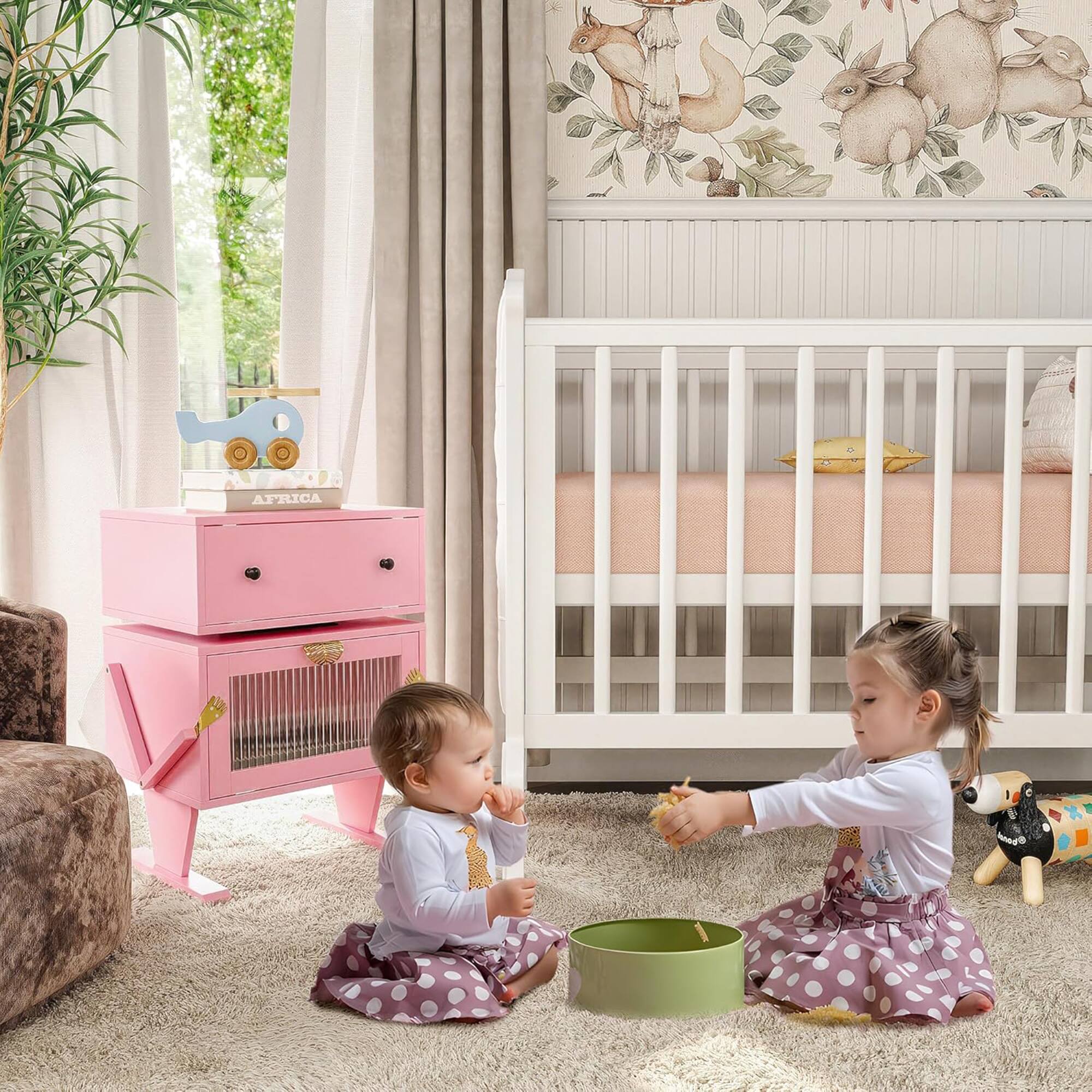 Alt View 5. RoyalCraft - RoyalCraft Nightstand with LED Light Strips, Rotating Drawer & Glass Door, Pink - Pink.