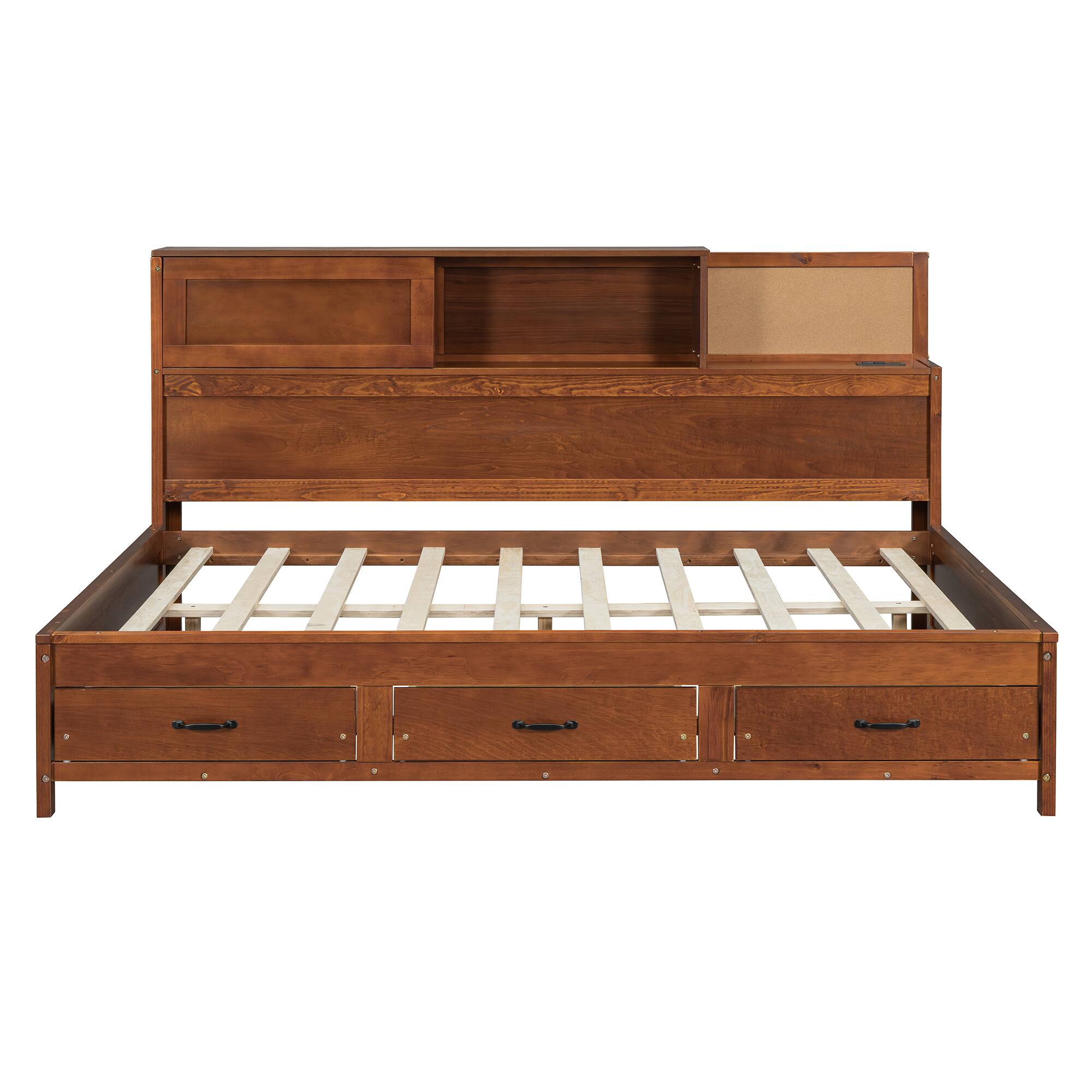 Left. Tiramisubest - Full Size Wooden Daybed with 3 Storage Drawers, Upper Soft Board, shelf, and a set of Sockets and USB Ports, Walnut - Walnut.