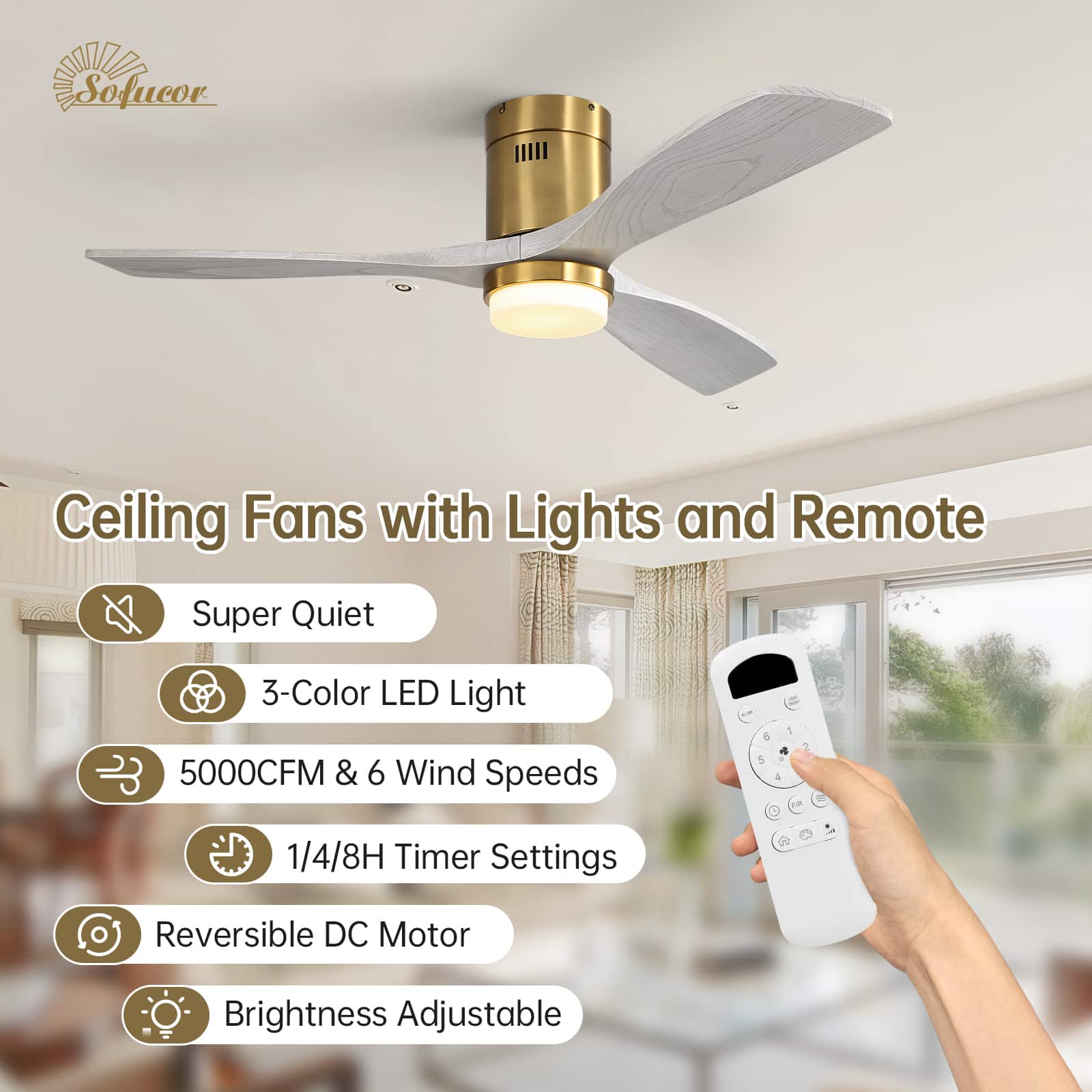 Sofucor - 52'' Golden LED Ceiling Fan with Remote 6 Speed Noiseless Reversible DC Flush Mount Ceiling Fans with Light and Remote - Gold Light Grey