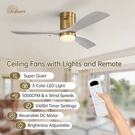 Sofucor - 52'' Golden LED Ceiling Fan with Remote 6 Speed Noiseless Reversible DC Flush Mount Ceiling Fans with Light and Remote - Gold Light Grey