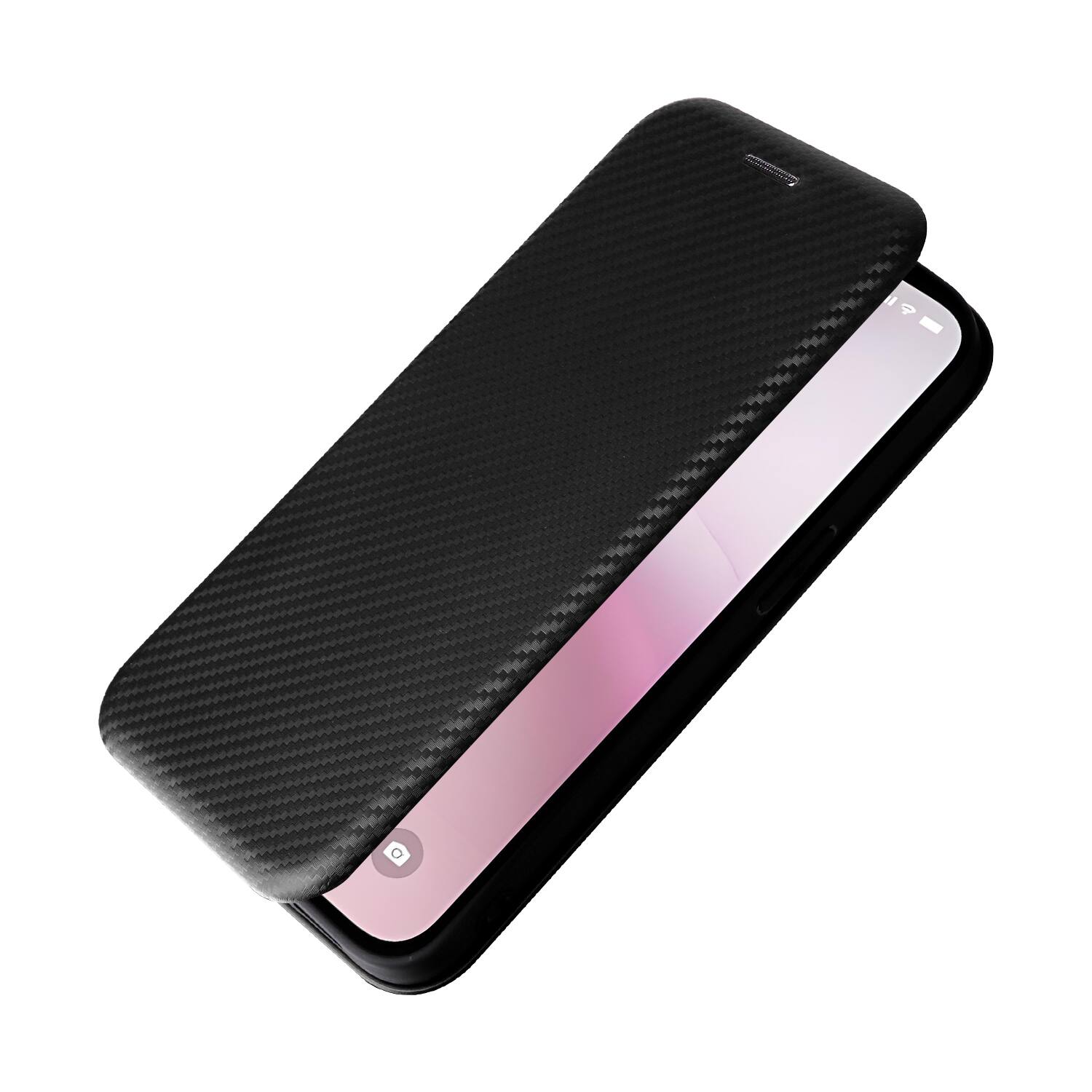 Left. Dteck - Carbon Fiber Texture Folio Phone Case for Apple iPhone 16e/17e,PU Leather Magnetic Closure Hidden Card Slot Flip Cover - Black.