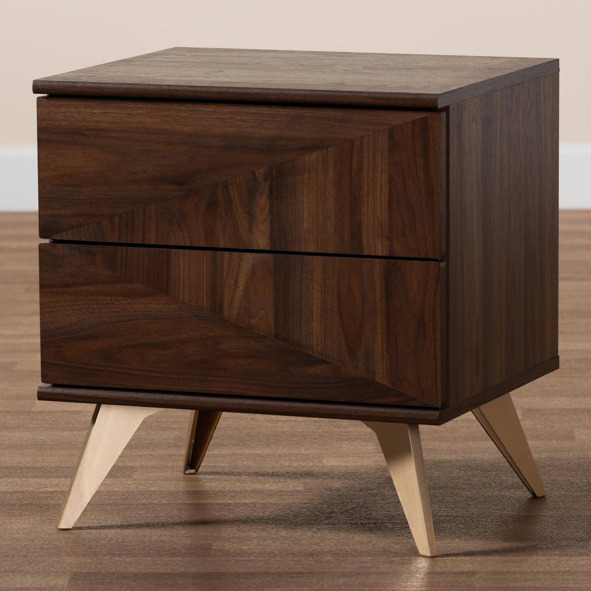 Alt View 5. Baxton Studio - Graceland Mid-Century Modern Transitional Finished Wood 2-Drawer Nightstand - Walnut Brown/Gold.