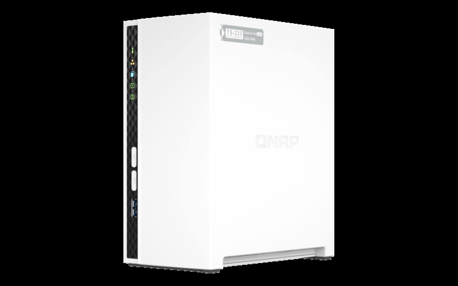 Left. QNAP - QNAP TS-233-US 2 Bay Affordable Desktop NAS with ARM Cortex-A55 quad-core processor and 2 GB DDR4 RAM (Diskless) - White.