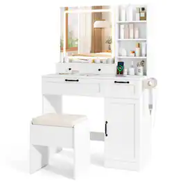 Gymax - Vanity Set w/Cushioned Stool Makeup Table w/Adjustable Lighting Mode Brightness - White