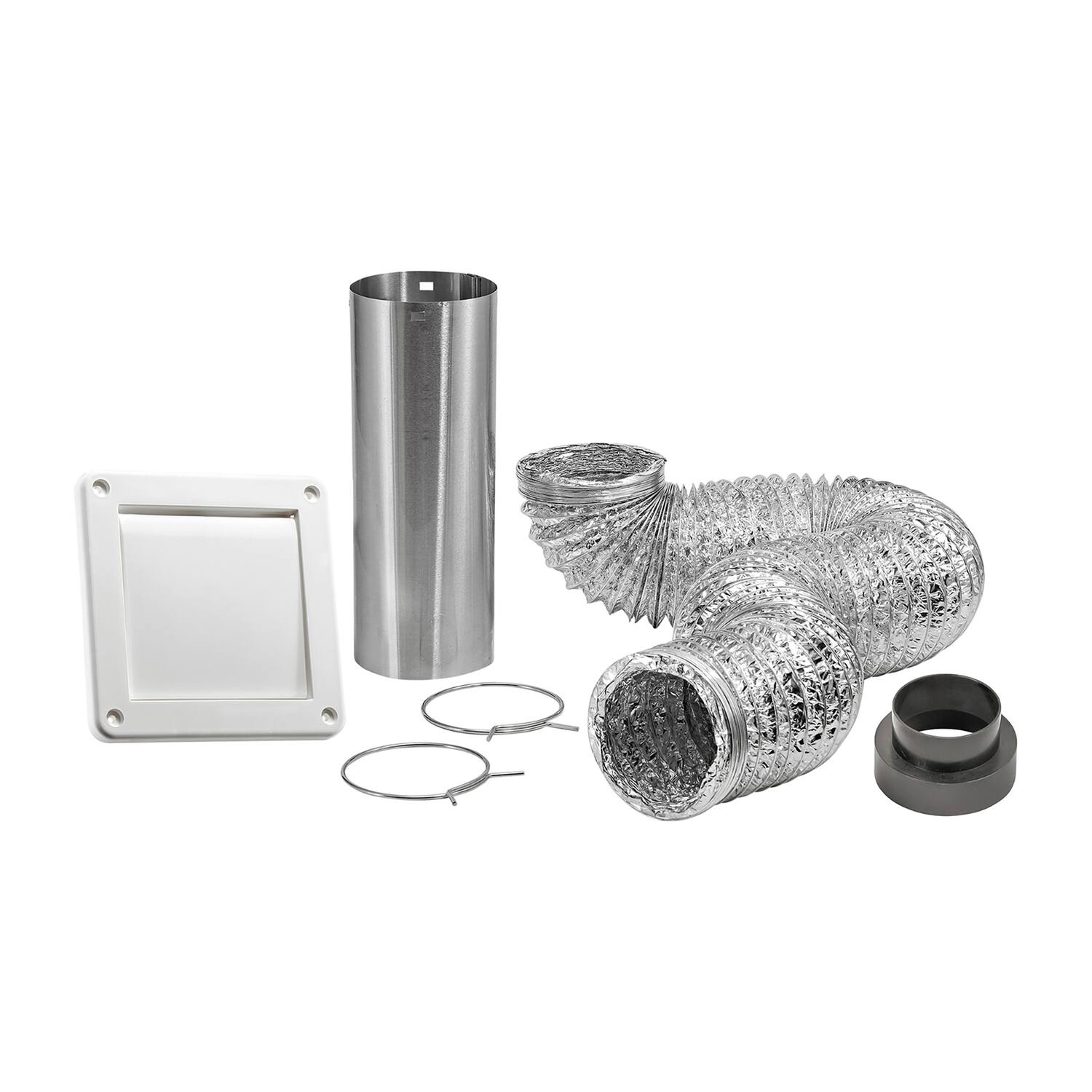 Angle. Lambro - 4" Bath Fan Exhaust Through-the-Wall Vent Kit, Single Flap Vent, 8 ft Foil Flex Duct, 11" Aluminum Snap-Lock Tail Pipe.