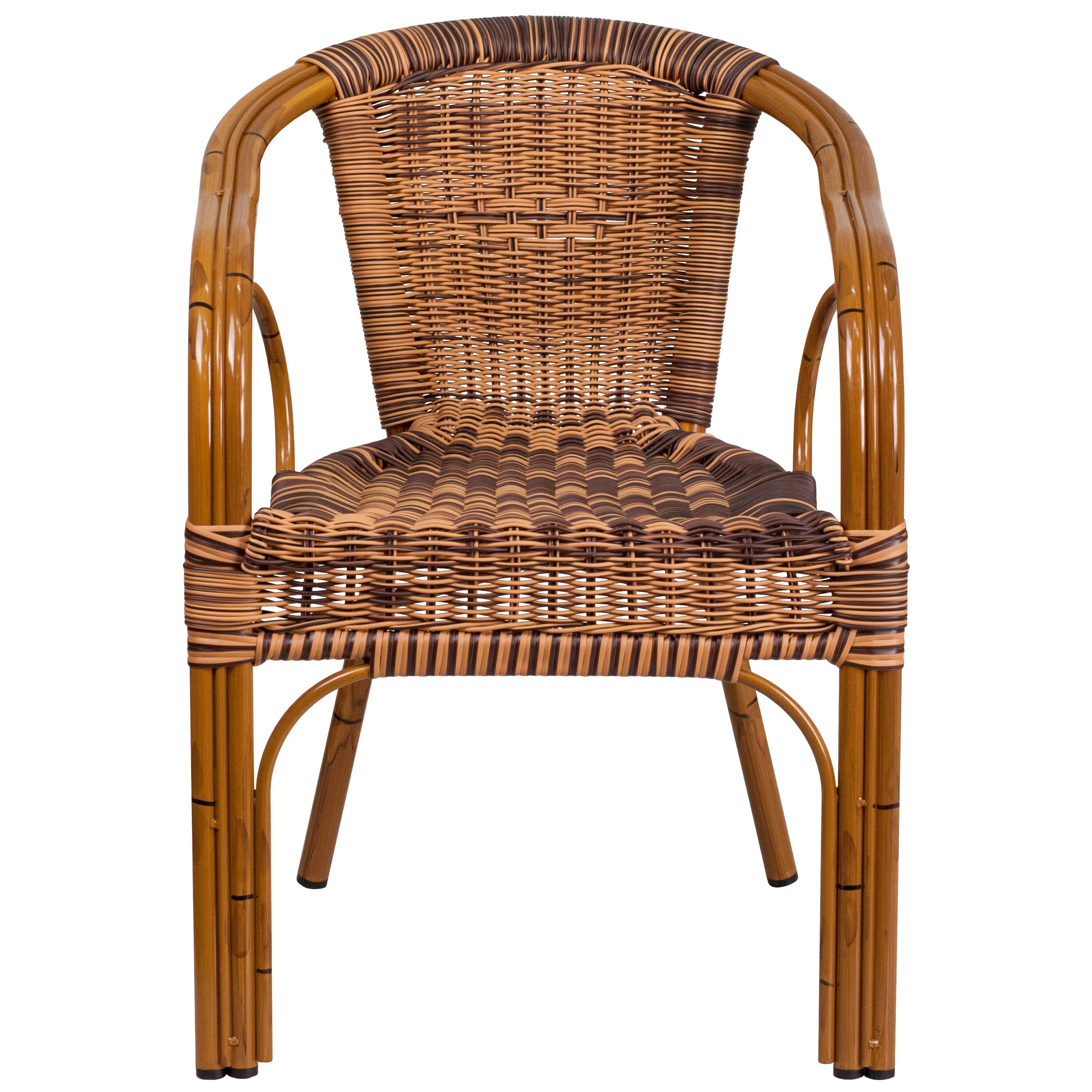 Alt View 7. Emma + Oliver - 3 Pack Rattan Restaurant Patio Chair with Bamboo-Aluminum Frame - Burning Brown Rattan/Dark Red Bamboo-Aluminum.