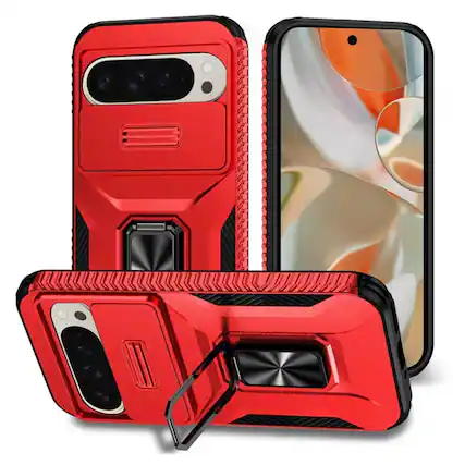 Front. Kitcheniva - Full Protection Phone Case With Metal Stand Lens Cover & Tempered Glass For Google Pixel 10 Pro XL Red - Red.