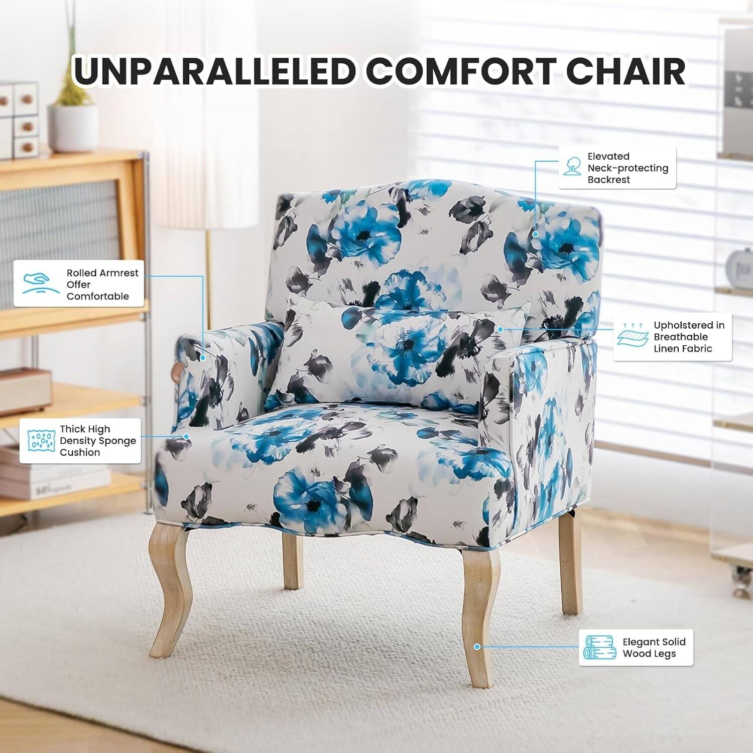 UNPARALLELED COMFORT CHAIR

- Rolled Armrest Offer Comfortable
- Elevated Neck-protecting Backrest
- Upholstered in Breathable Linen Fabric
- Thick High Density Sponge Cushion
- Elegant Solid Wood Legs