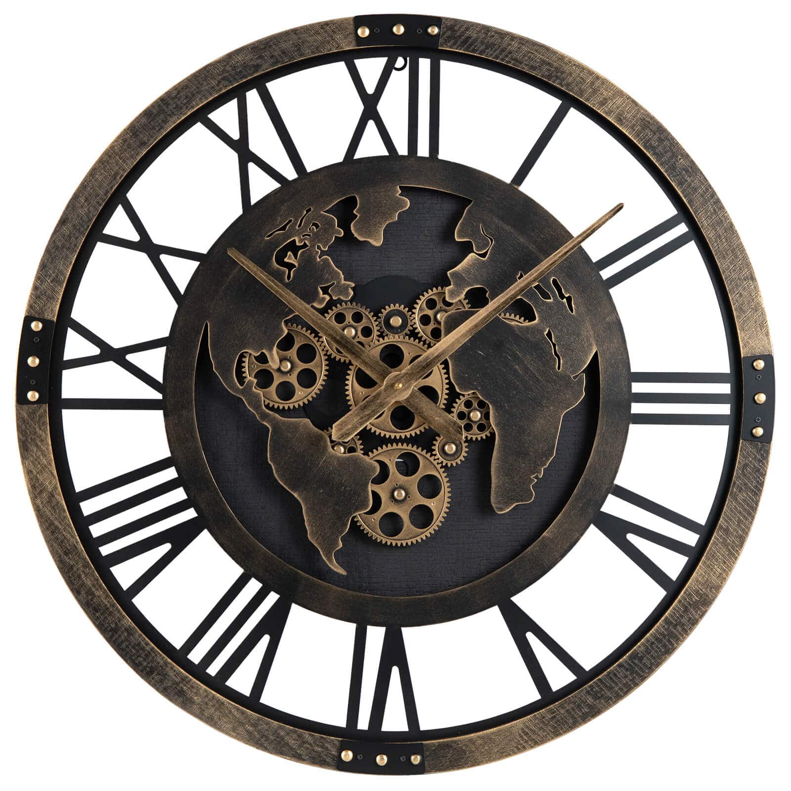 Costway - Large Wall Clock, 27" Gear Clock with World Map, Non-Ticking Decorative Metal Clock - Brown