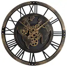 Front. Costway - Costway Large Wall Clock, 27" Gear Clock with World Map, Non-Ticking Decorative Metal Clock - Brown.