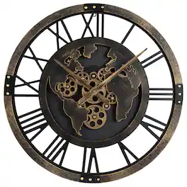Costway - Large Wall Clock, 27" Gear Clock with World Map, Non-Ticking Decorative Metal Clock - Brown