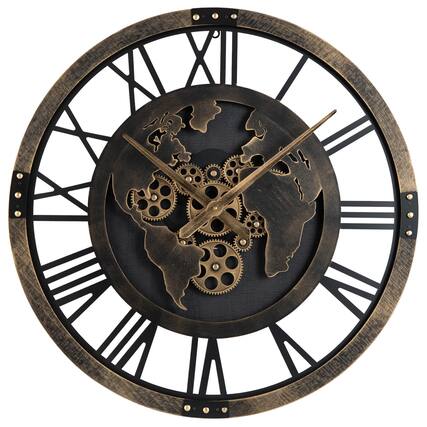 Front. Costway - Costway Large Wall Clock, 27" Gear Clock with World Map, Non-Ticking Decorative Metal Clock - Brown.