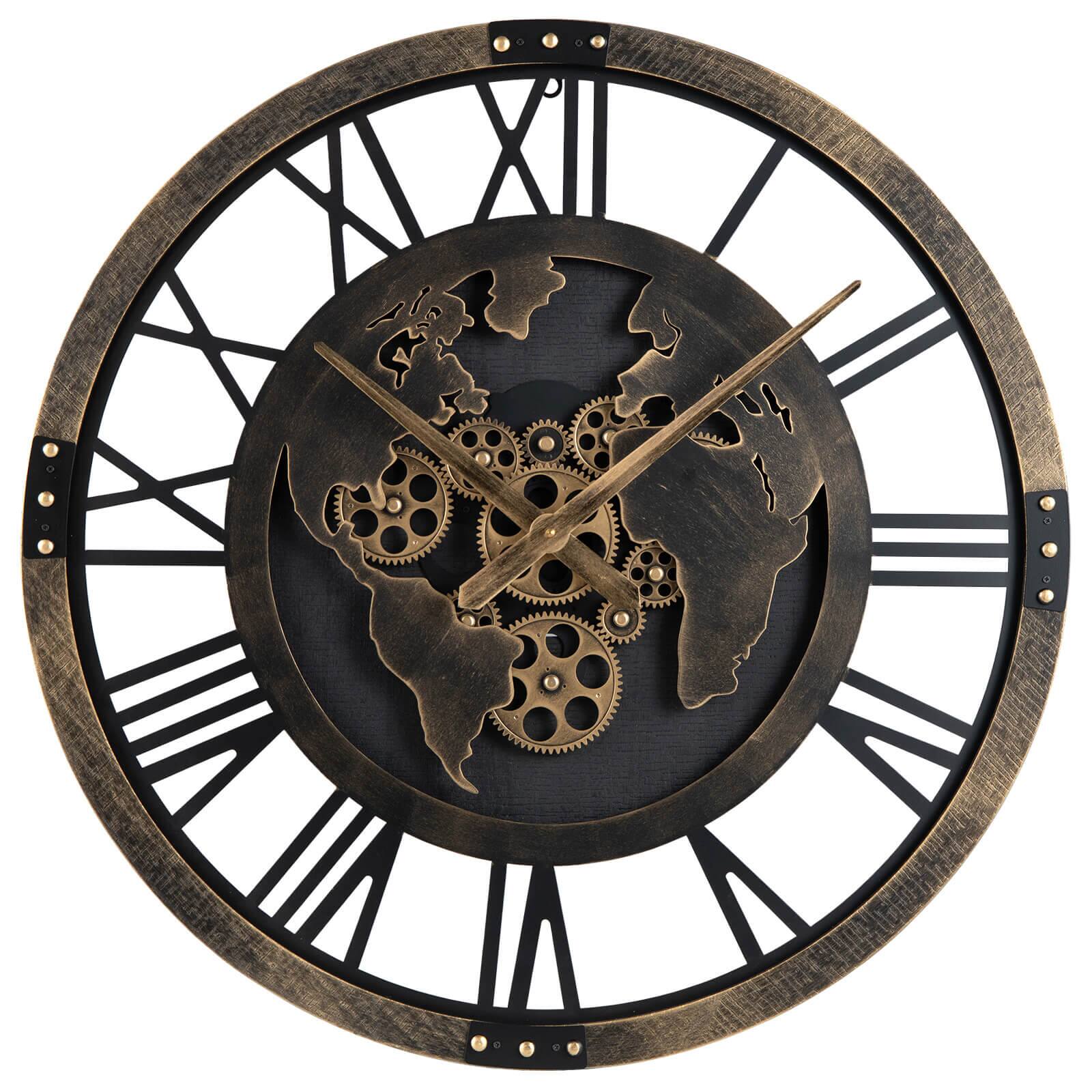 Front. Costway - Costway Large Wall Clock, 27" Gear Clock with World Map, Non-Ticking Decorative Metal Clock - Brown.