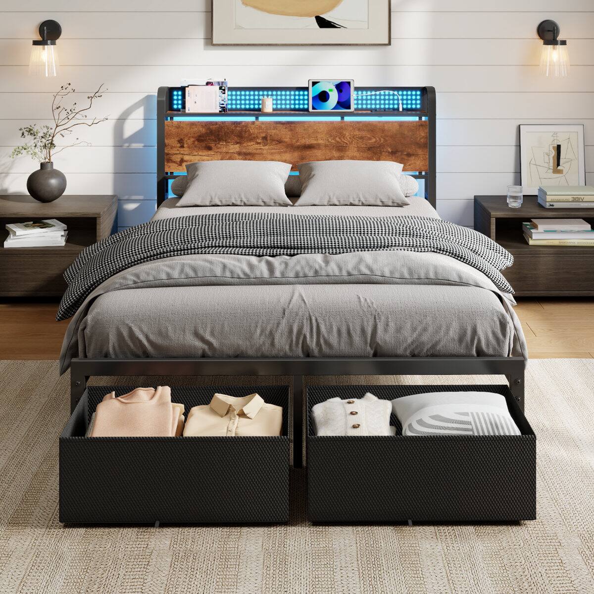 Alt View 1. Furnulem - Bed Frame with 1 Underbed Drawers and Open Storage Headboard RGB LED Light and Charging Station - Brown.