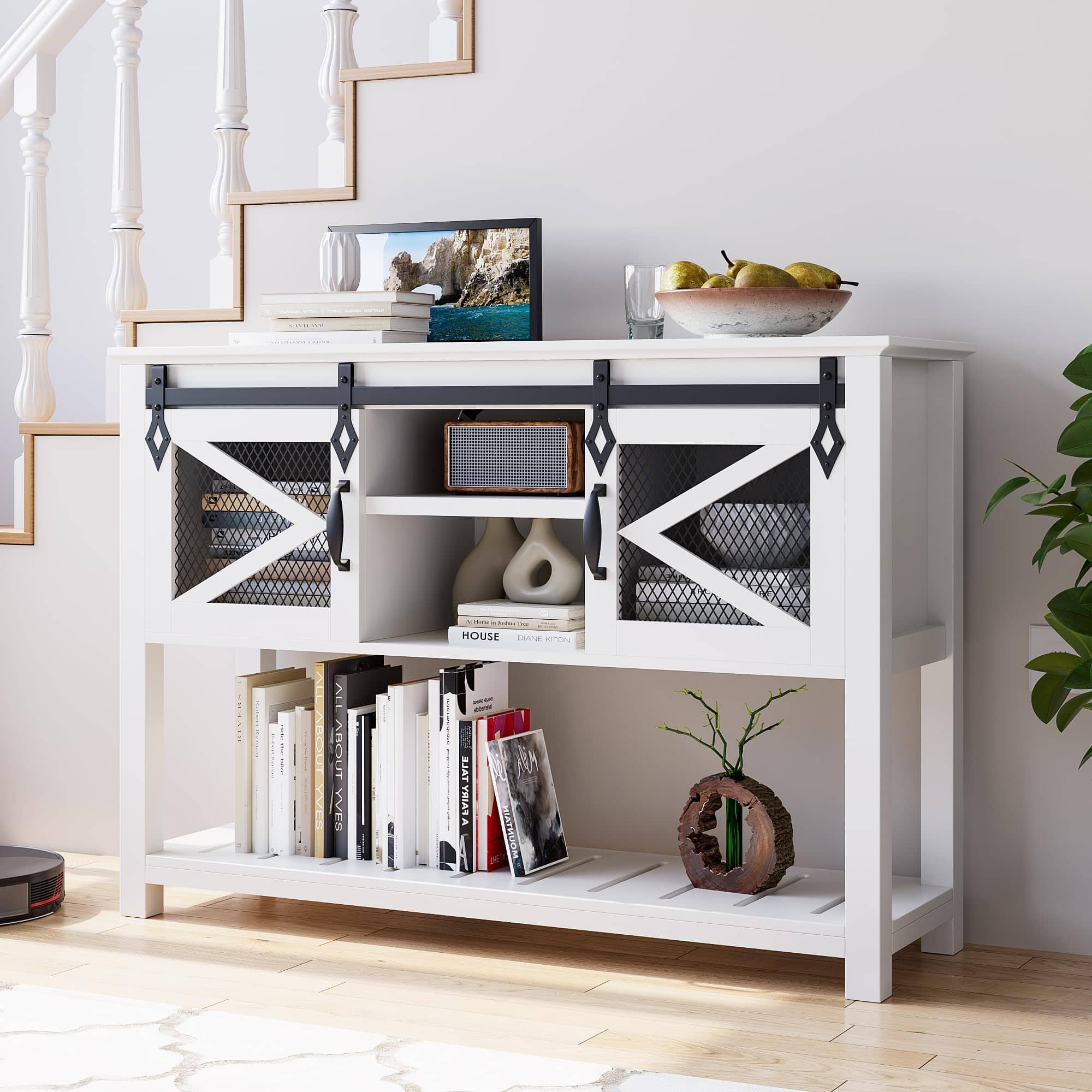 Jojoka - Farmhouse Entryway Table with Sliding Barn Doors, Industrial Rustic Console Table with Storage & Open Shelf - White