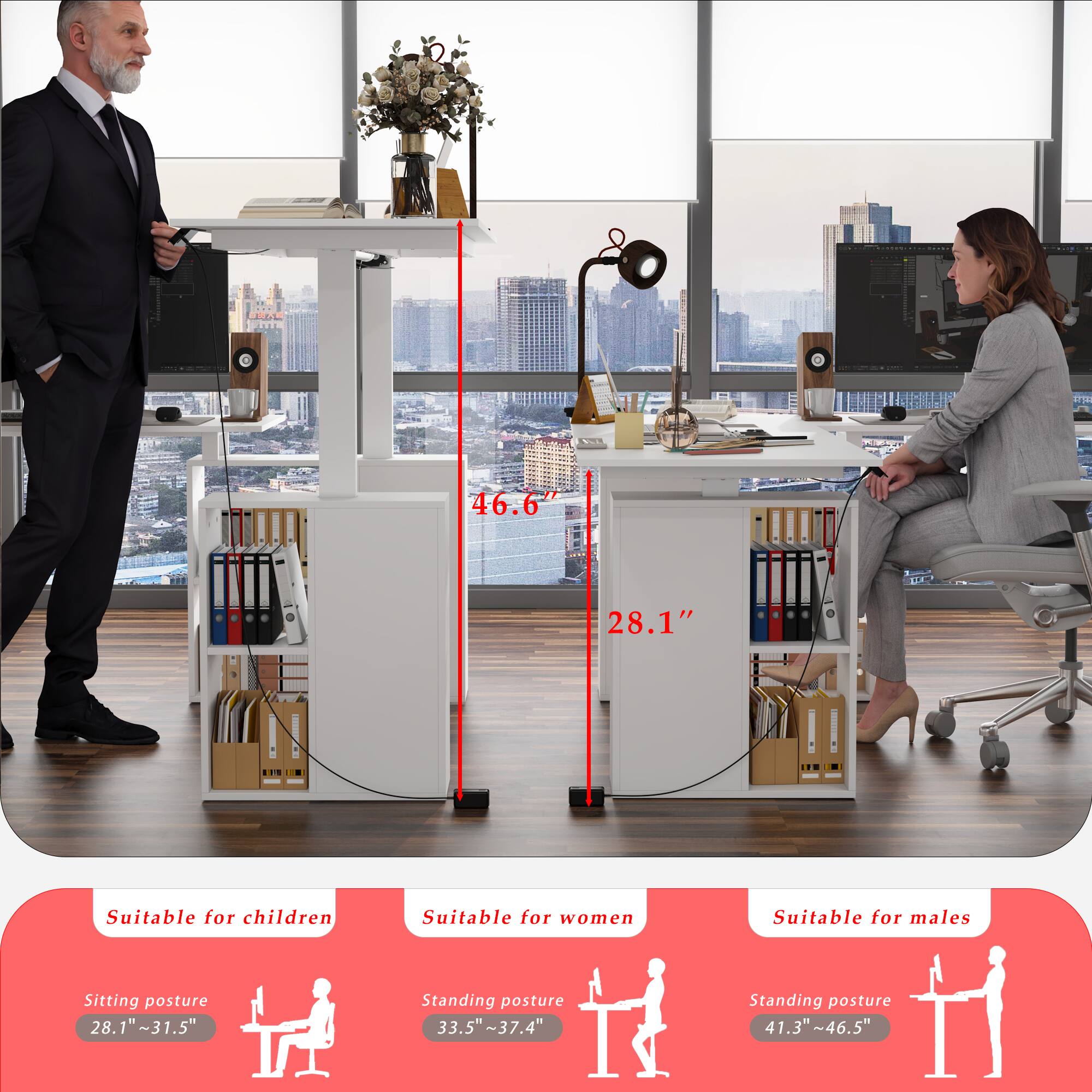 The text on the image is grouped as follows:

1. Suitable for children: 46.6"
2. Suitable for women: 28.1"
3. Suitable for males: 28.1" ~ 31.5"
4. Sitting posture: 28.1" ~ 31.5"
5. Standing posture: 33.5" ~ 37.4"
6. Standing posture: 11.3" ~ 4 ~ 46.5"