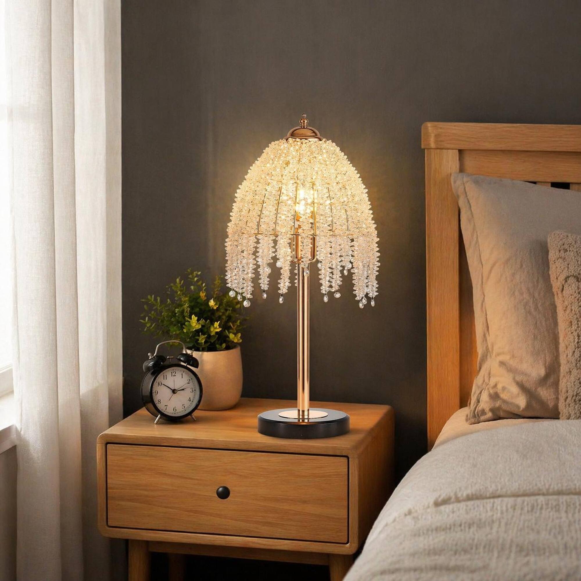 Back. RYHNUYNE - 19-Inch Crystal Table Lamp with Cascading Bead Shade and Marble-Look Base – Vintage Glam for Living Room, Bedroom - Gold.