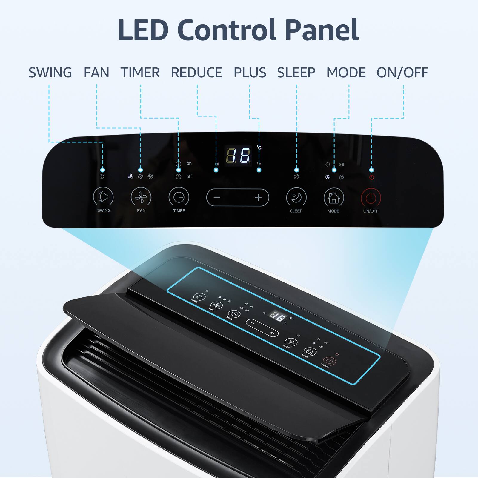 LED Control Panel

SWING FAN TIMER REDUCE PLUS SLEEP MODE ON/OFF

8.6 t off | + SWING FAN TIMER SLEEP MODE ON/OFF 88 i - @ -