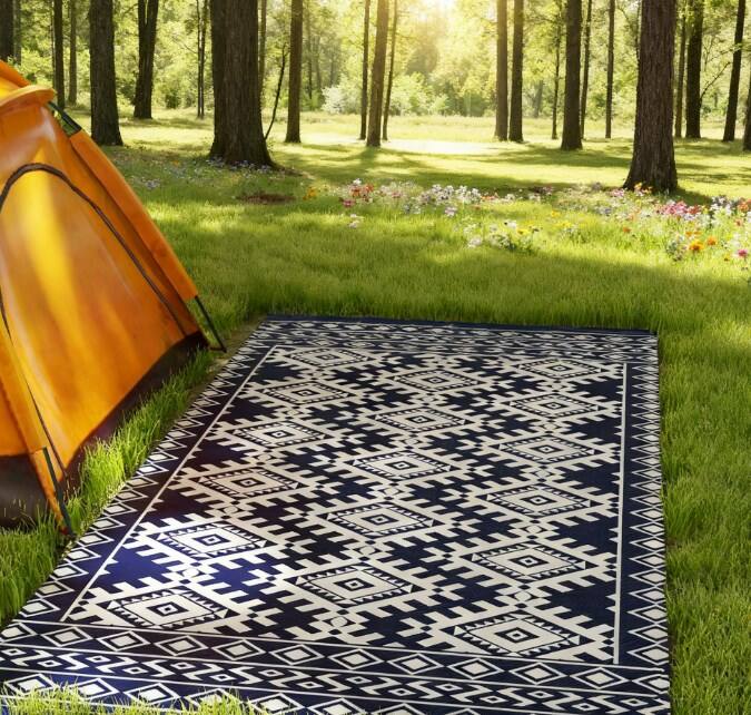 Angle. TinyHomie - Portable Outside Camping Area Carpet Mat Outdoor Rug for Patio for Decor Reversible Rug - Blue and White.
