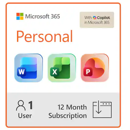 Microsoft 365 Personal
With Copilot in Microsoft 365
1 User
12 Month Subscription