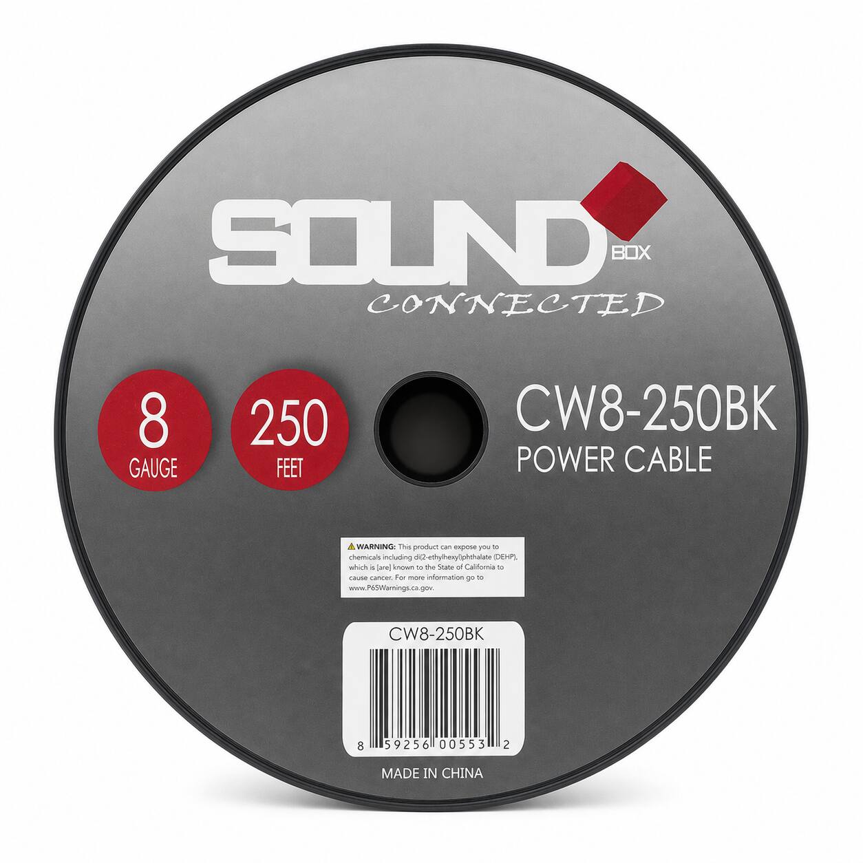SOUND BOX CONNECTED  
8 GAUGE  
250 FEET  
CW8-250BK POWER CABLE  
WARNING: This product can expose you to chemicals including di(2-ethylhexyl)phthalate (DEHP), which is known to the State of California to cause cancer. For more information go to www.P65Warnings.ca.gov.  
CW8-250BK  
8 59256 00553 2  
MADE IN CHINA