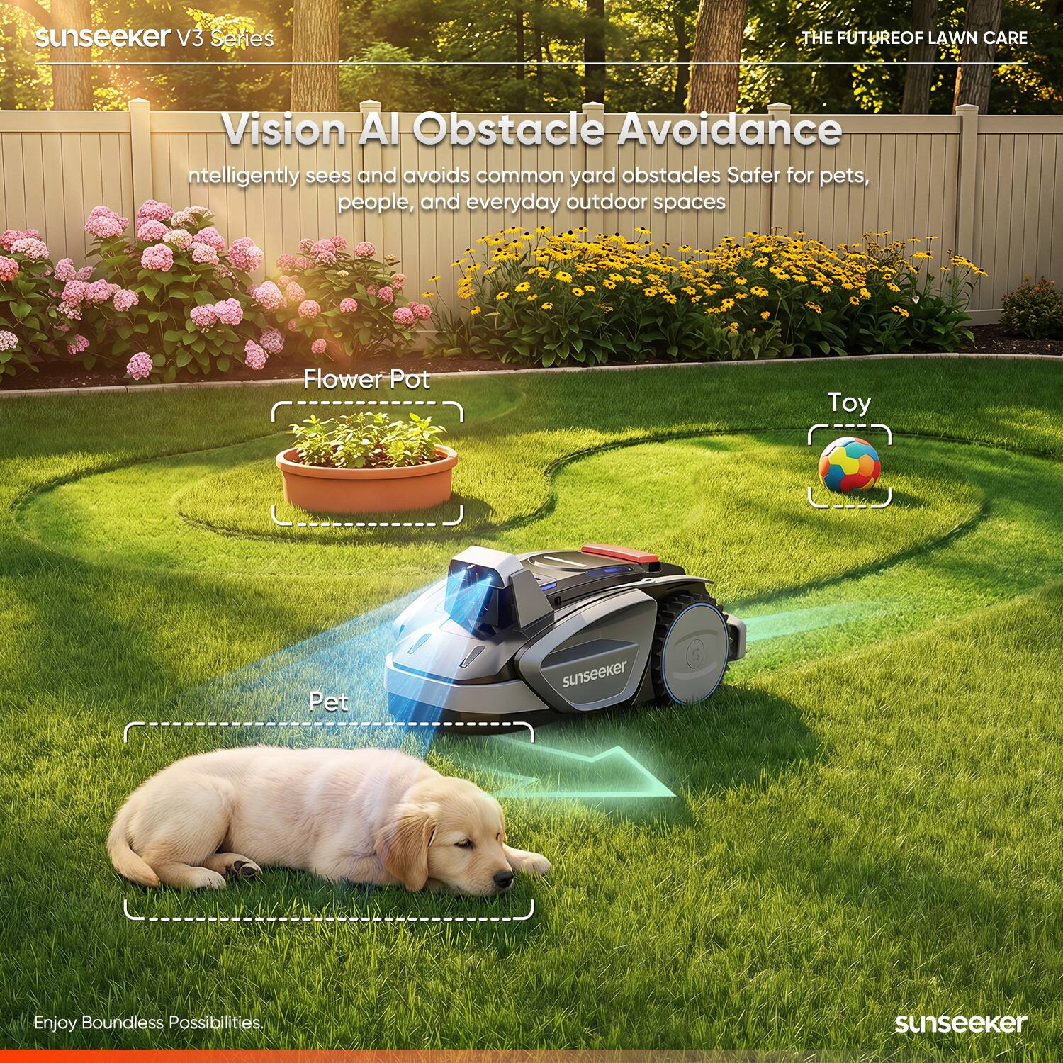 sunseeker V3 Series  
THE FUTURE OF LAWN CARE  
Vision AI Obstacle Avoidance  
Intelligently sees and avoids common yard obstacles. Safer for pets, people, and everyday outdoor spaces.  
Flower Pot  
Toy  
Pet  
Enjoy Boundless Possibilities.