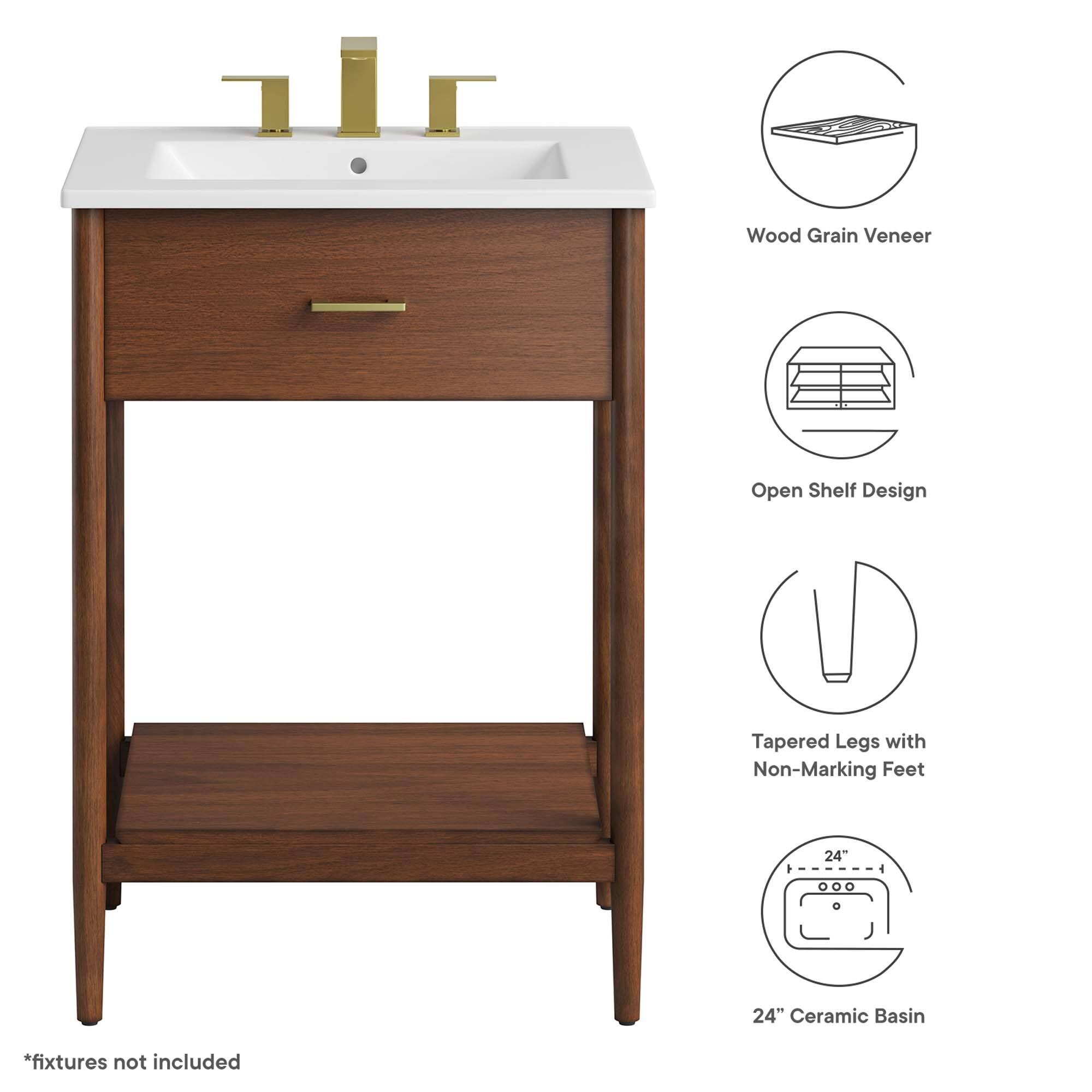 Wood Grain Veneer Open Shelf Design Tapered Legs with Non-Marking Feet 24" Ceramic Basin  
*fixtures not included